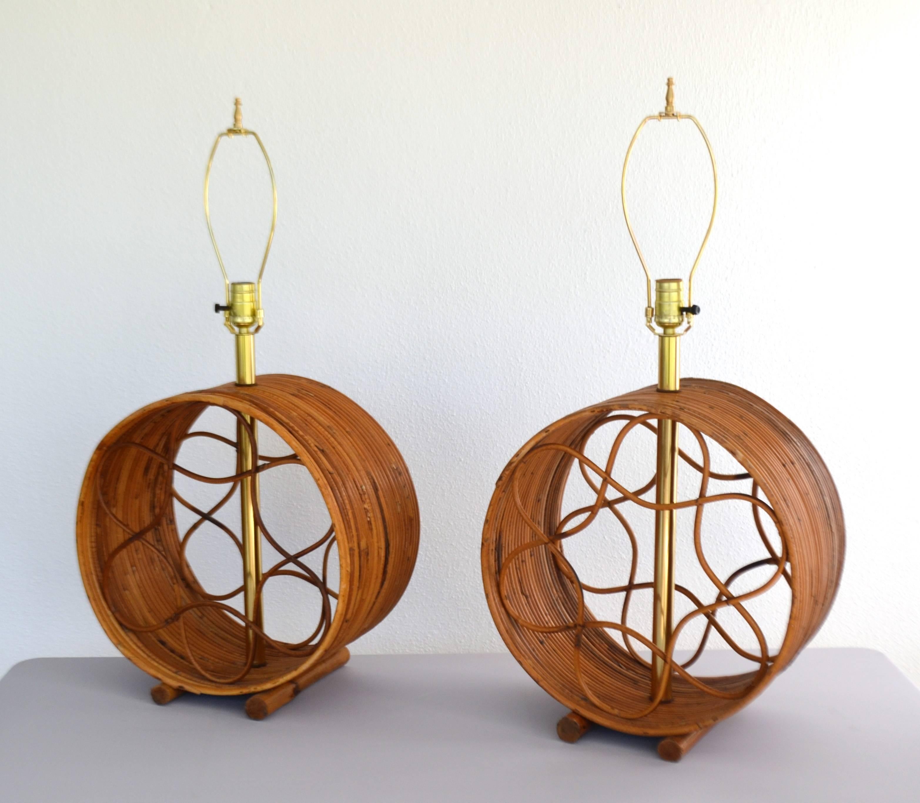 American Pair of Mid-Century Bent Reed and Bamboo Table Lamps