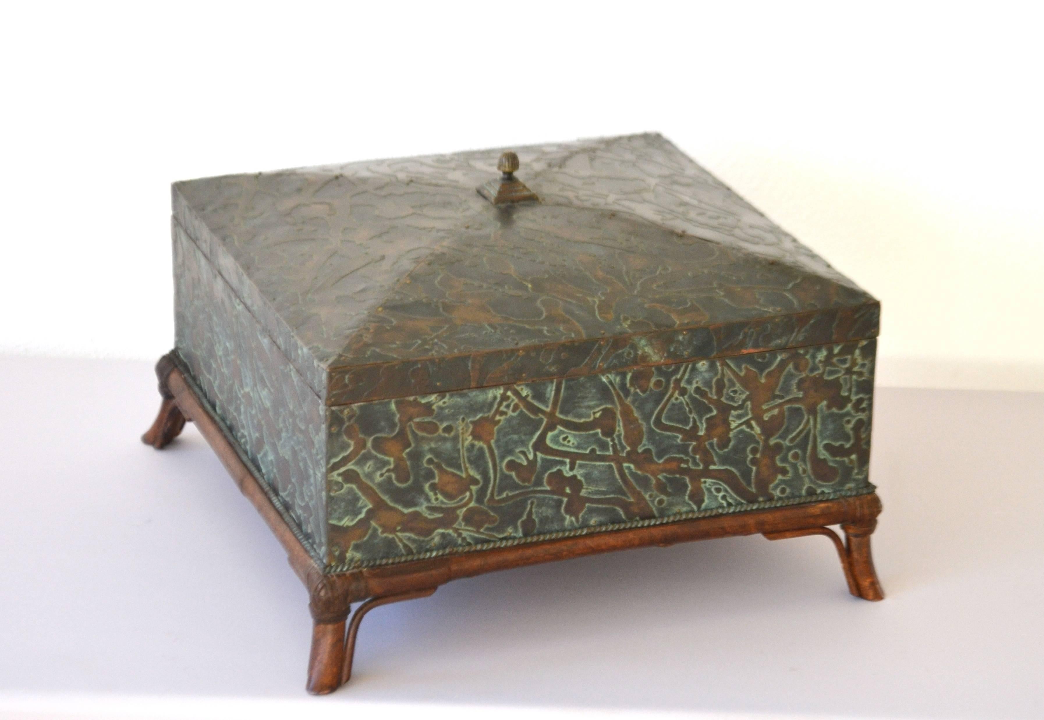 Stunning Post-Modern etched brass box by Maitland-Smith, circa 1970s-1980s. This custom artisan crafted glamorous decorative box is designed with a hinged lid, upholstered velvet interior and mounted on a rattan base.
Measurements:
Exterior: 17.5