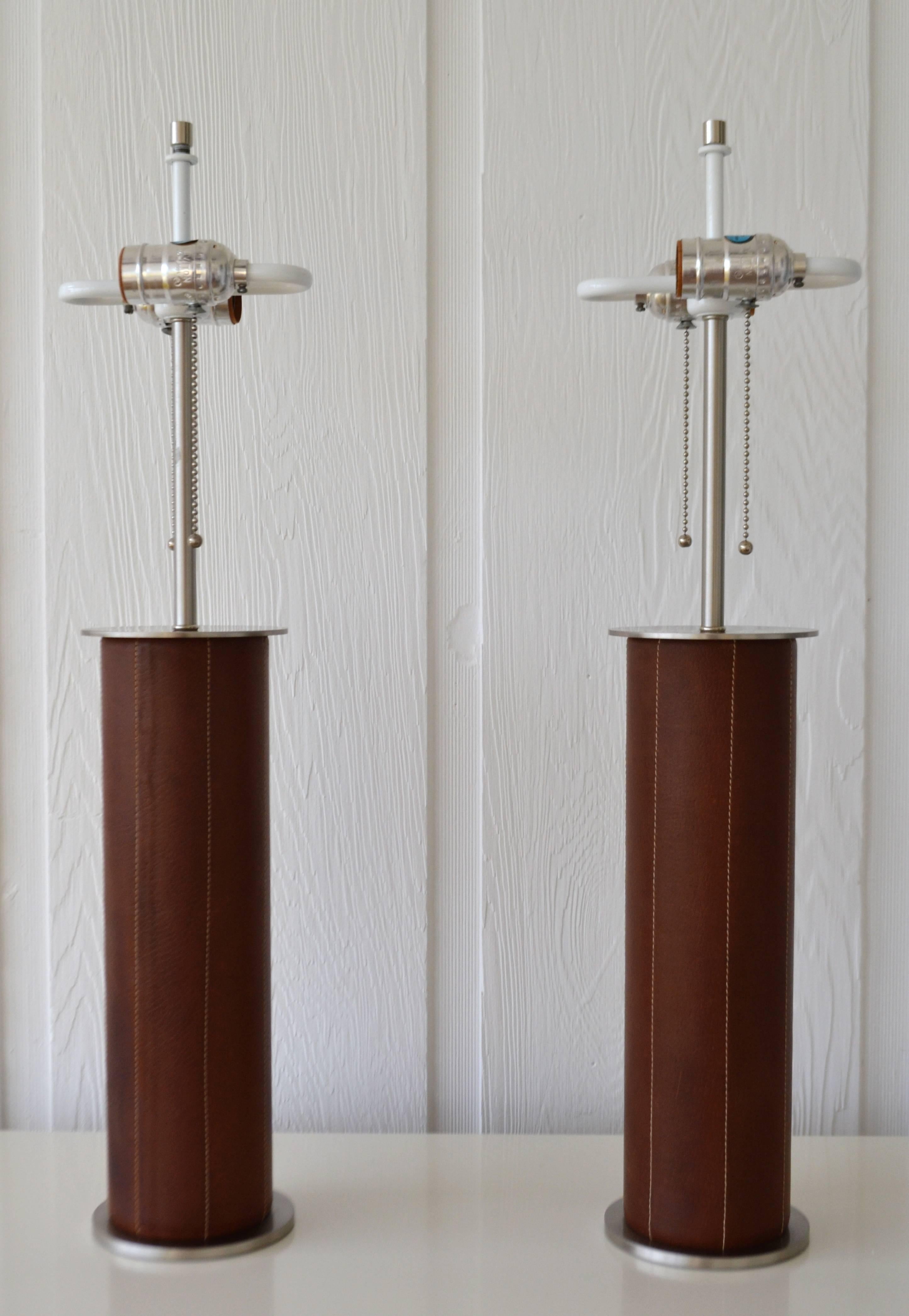 Post-Modern Leather Wrapped Cylinder Form Table Lamps