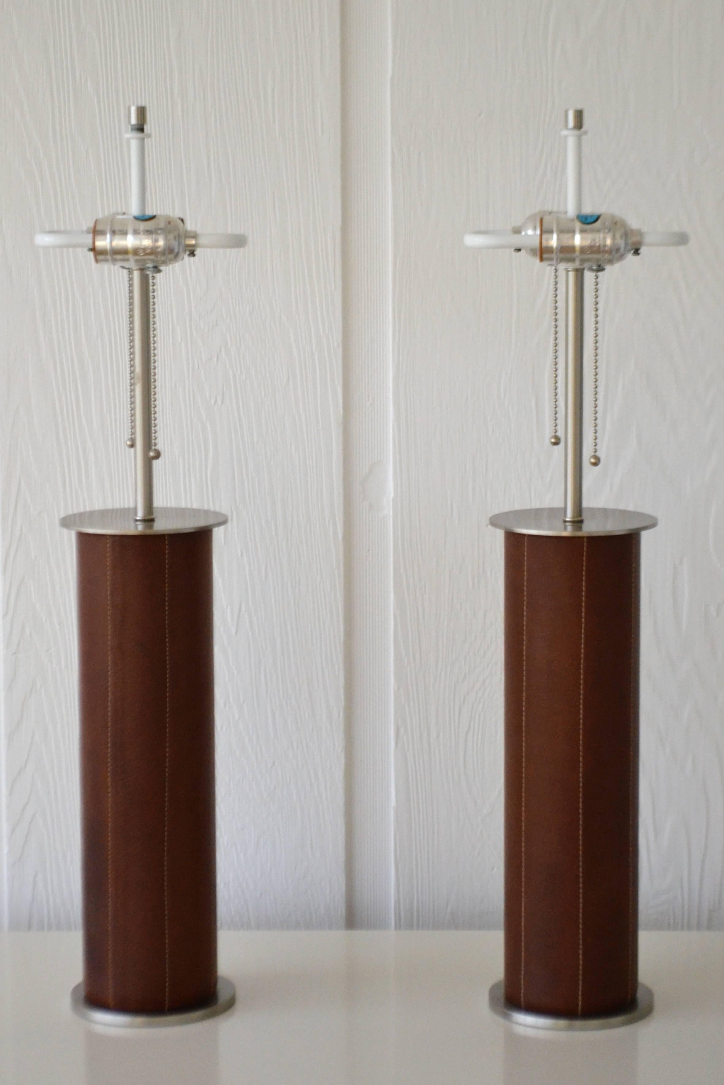 American Leather Wrapped Cylinder Form Table Lamps