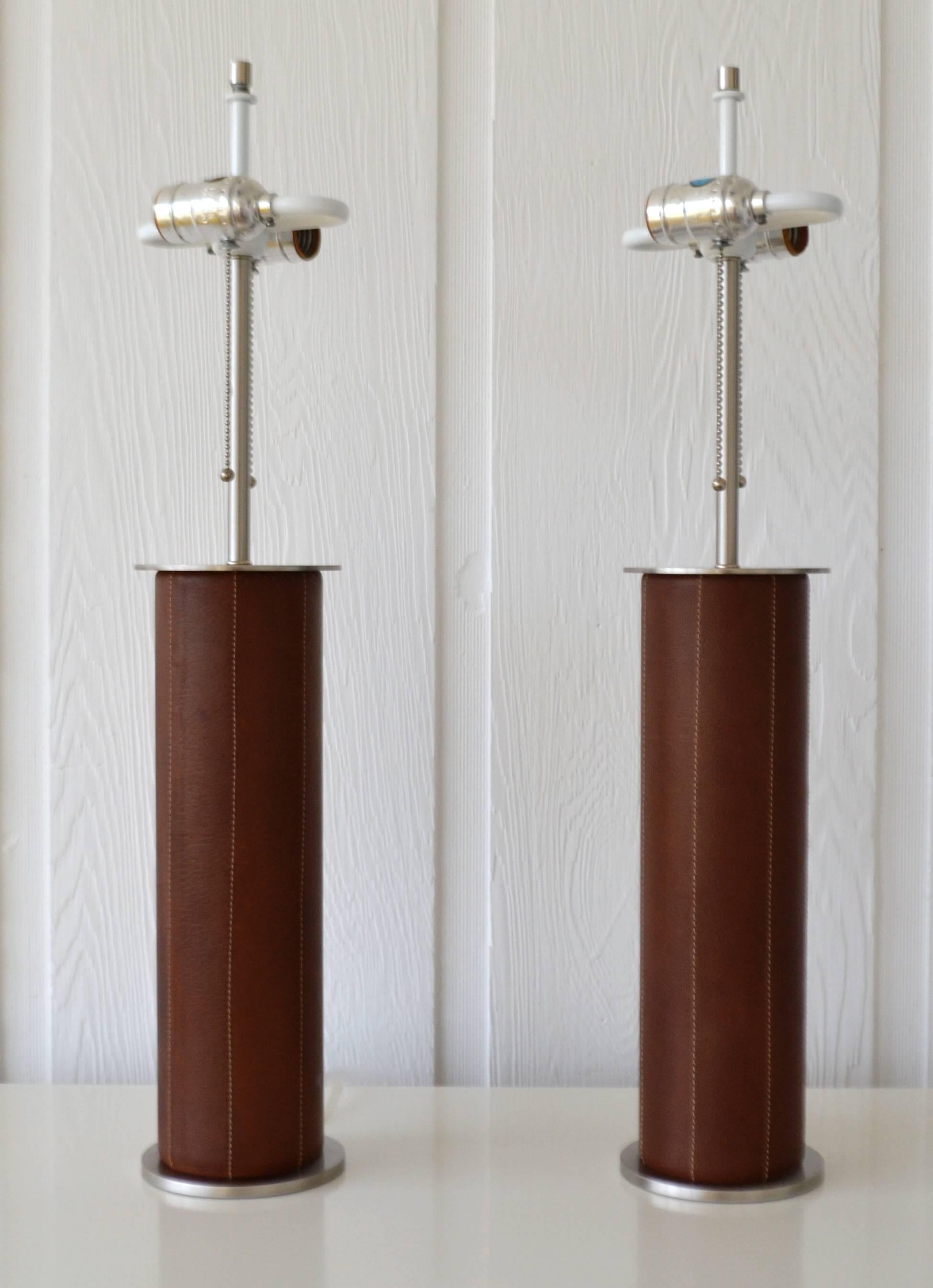 Leather Wrapped Cylinder Form Table Lamps In Excellent Condition In West Palm Beach, FL