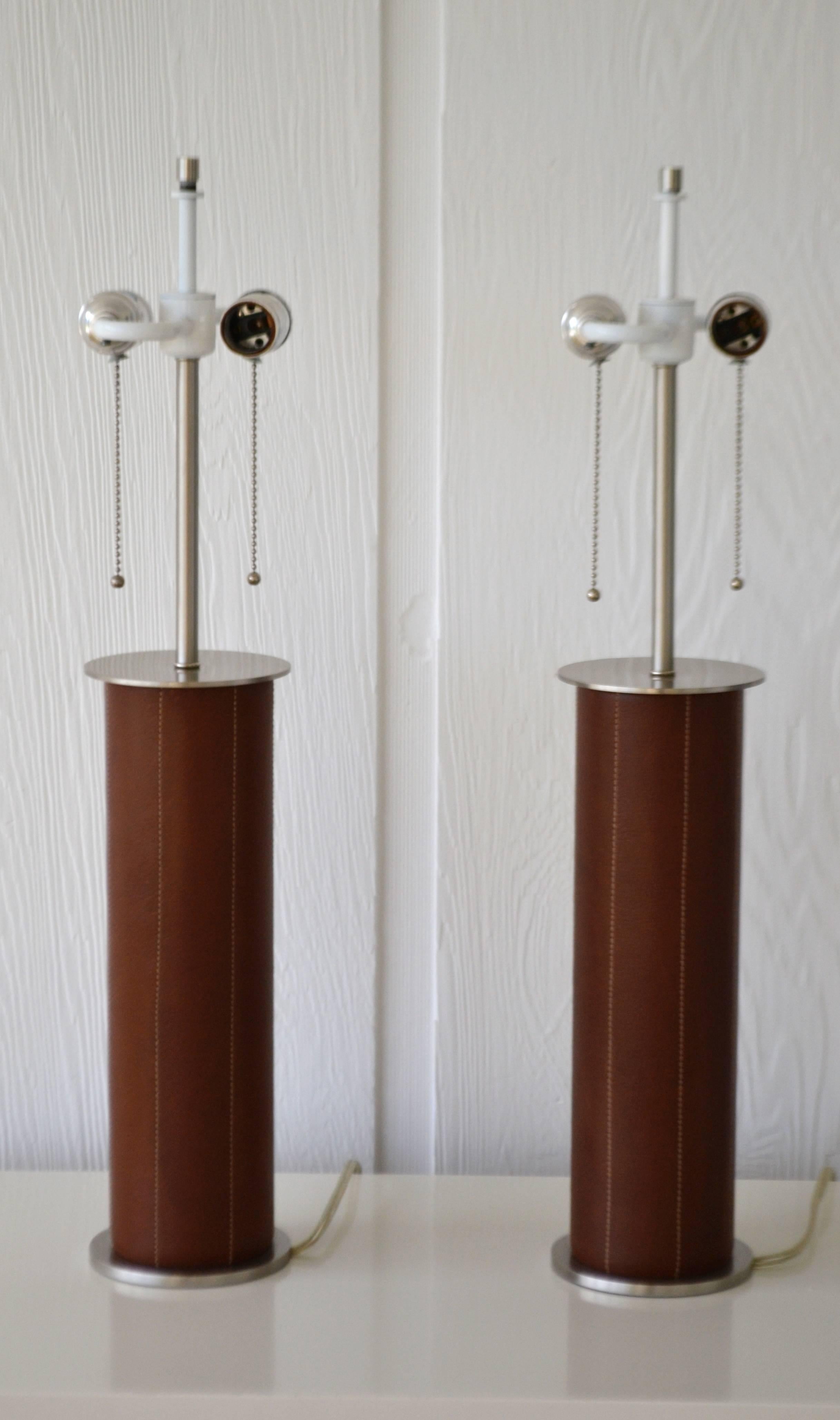 Late 20th Century Leather Wrapped Cylinder Form Table Lamps