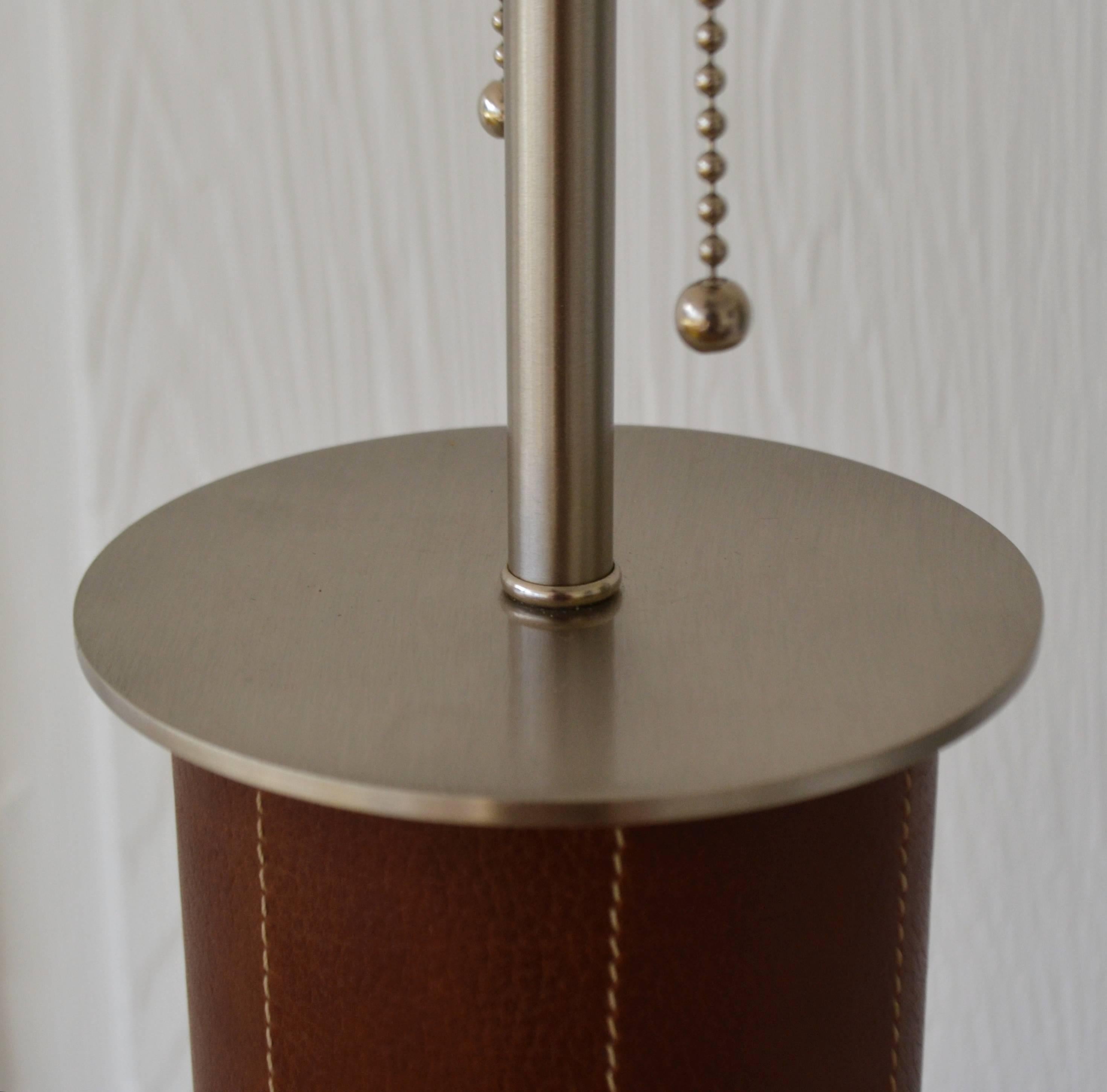 Chrome Leather Wrapped Cylinder Form Table Lamps