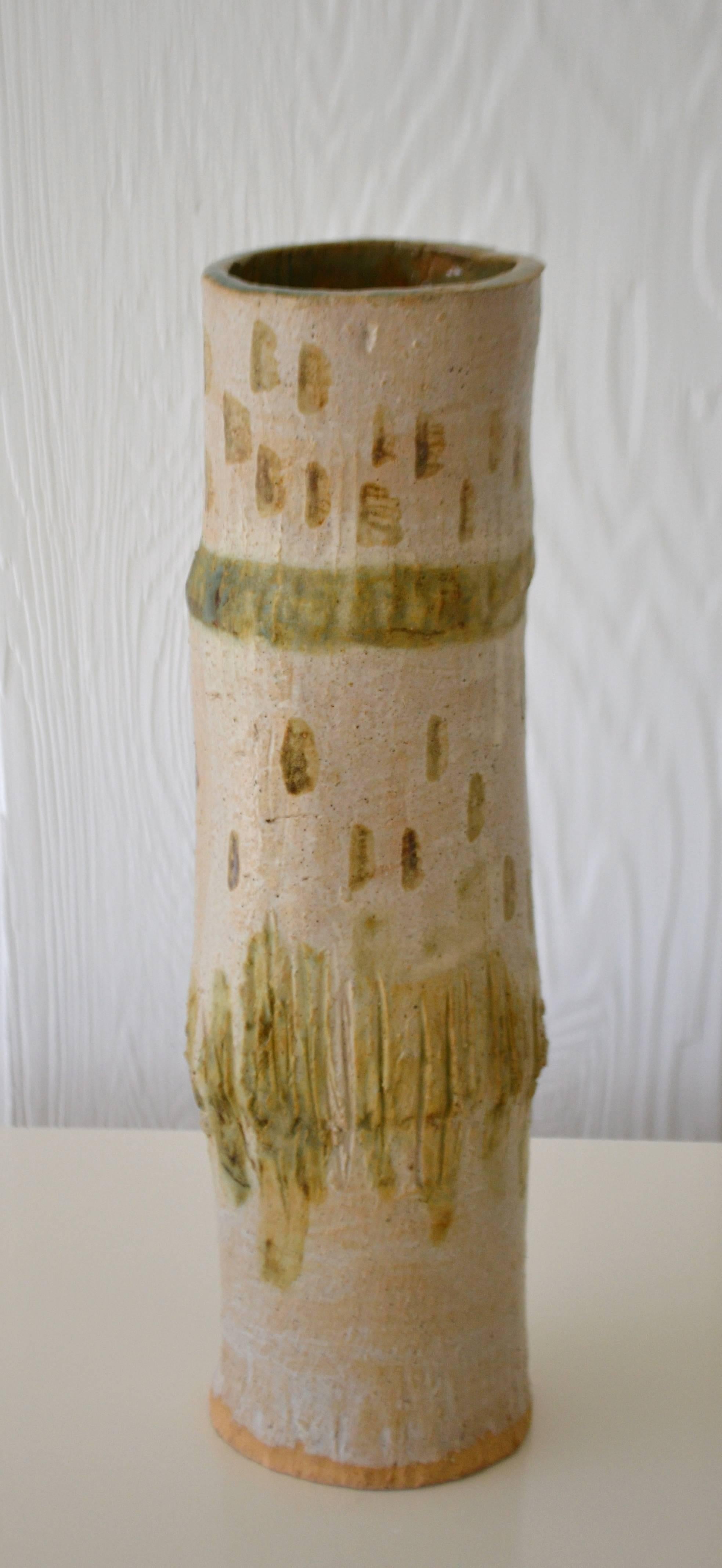 Midcentury Hand Thrown Ceramic Bamboo Form Vase For Sale at 1stDibs