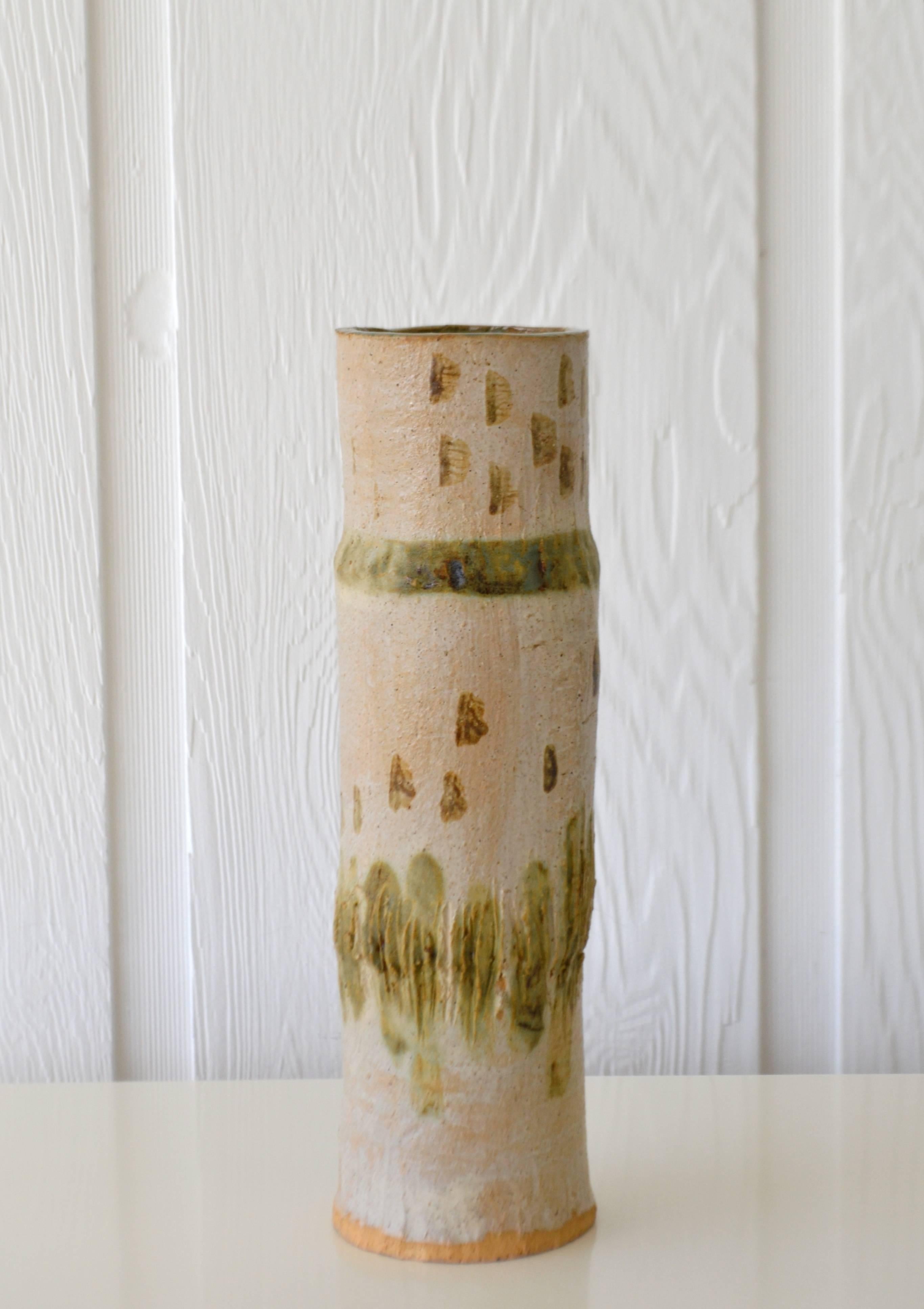 Midcentury Hand Thrown Ceramic Bamboo Form Vase For Sale at 1stDibs