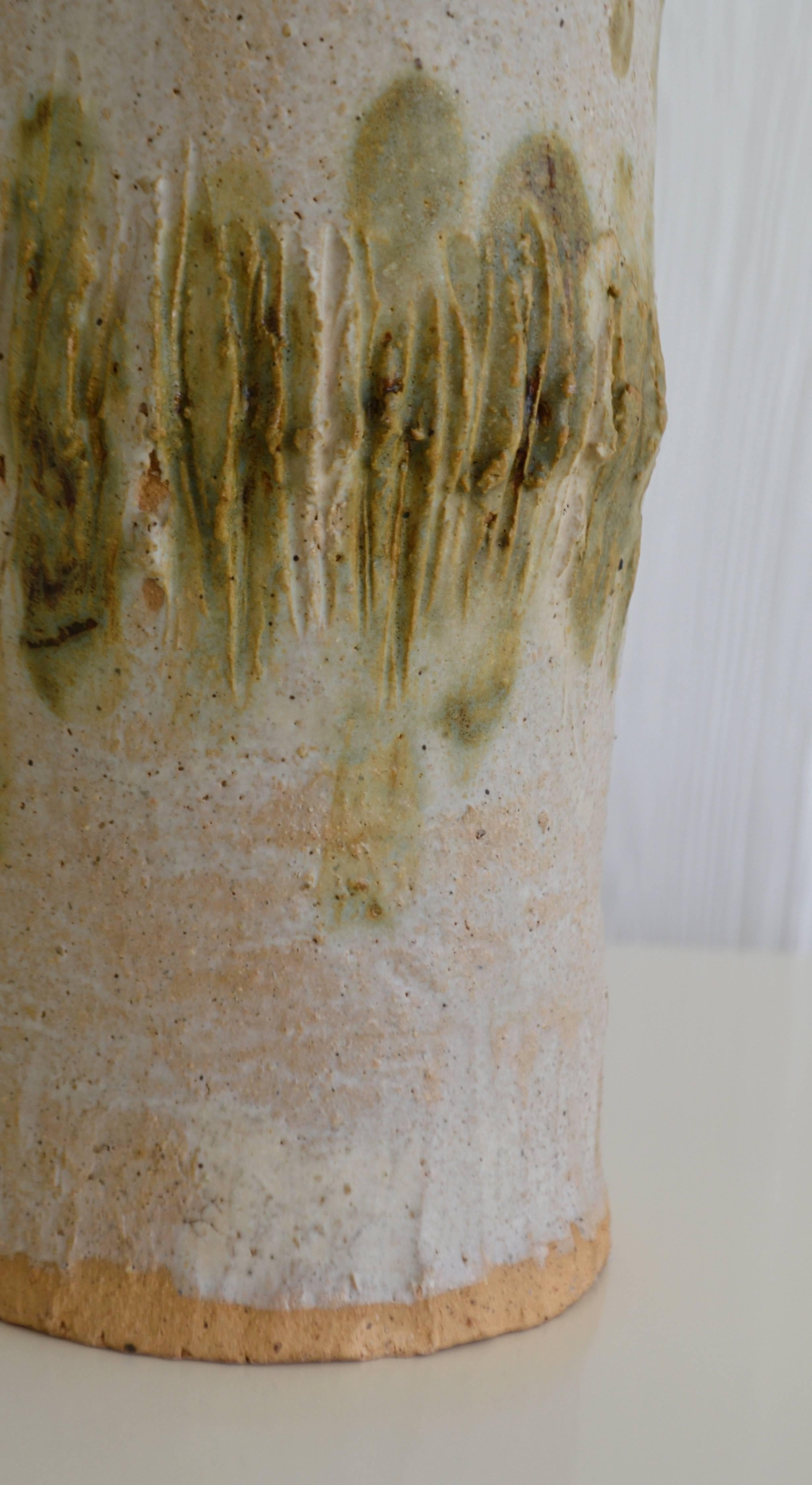 Midcentury Hand Thrown Ceramic Bamboo Form Vase For Sale at 1stDibs