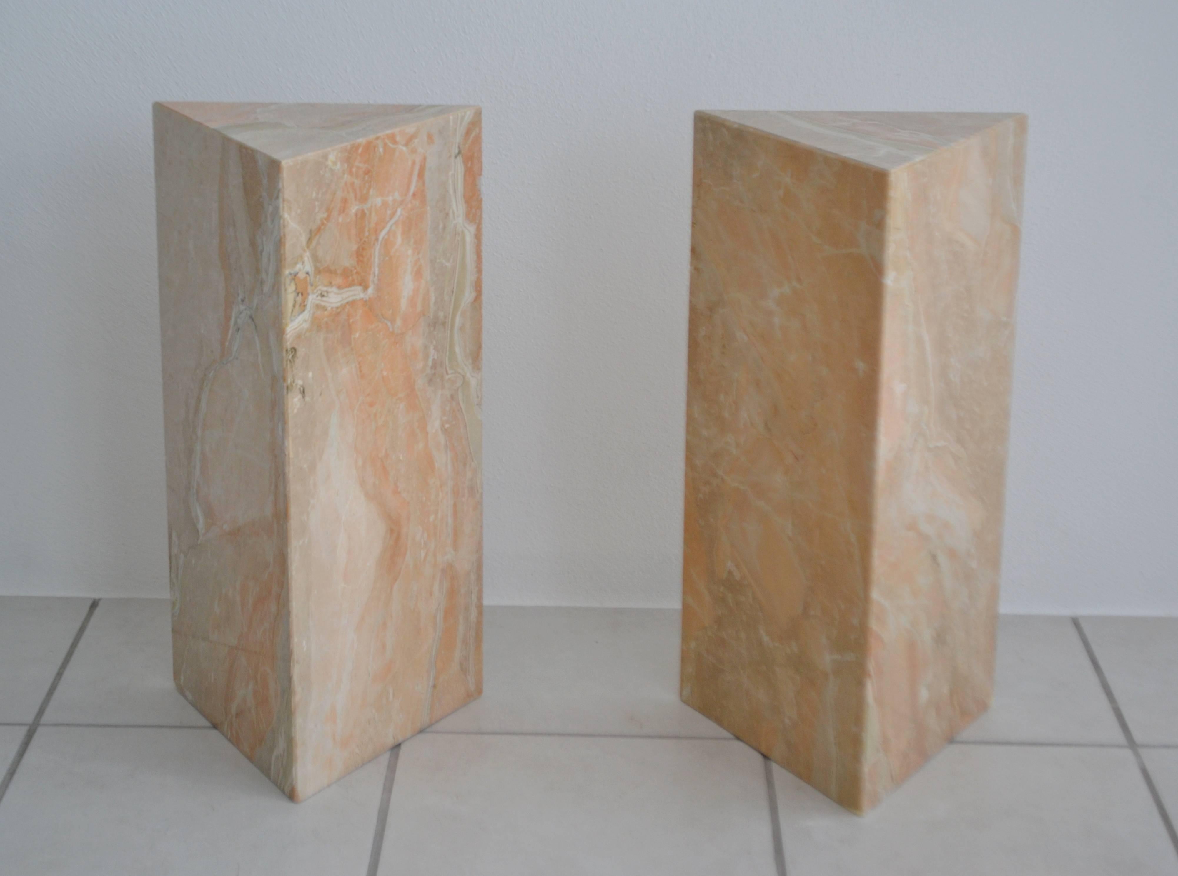 Post-Modern Pair of Postmodern Marble Triangular Form Pedestals For Sale