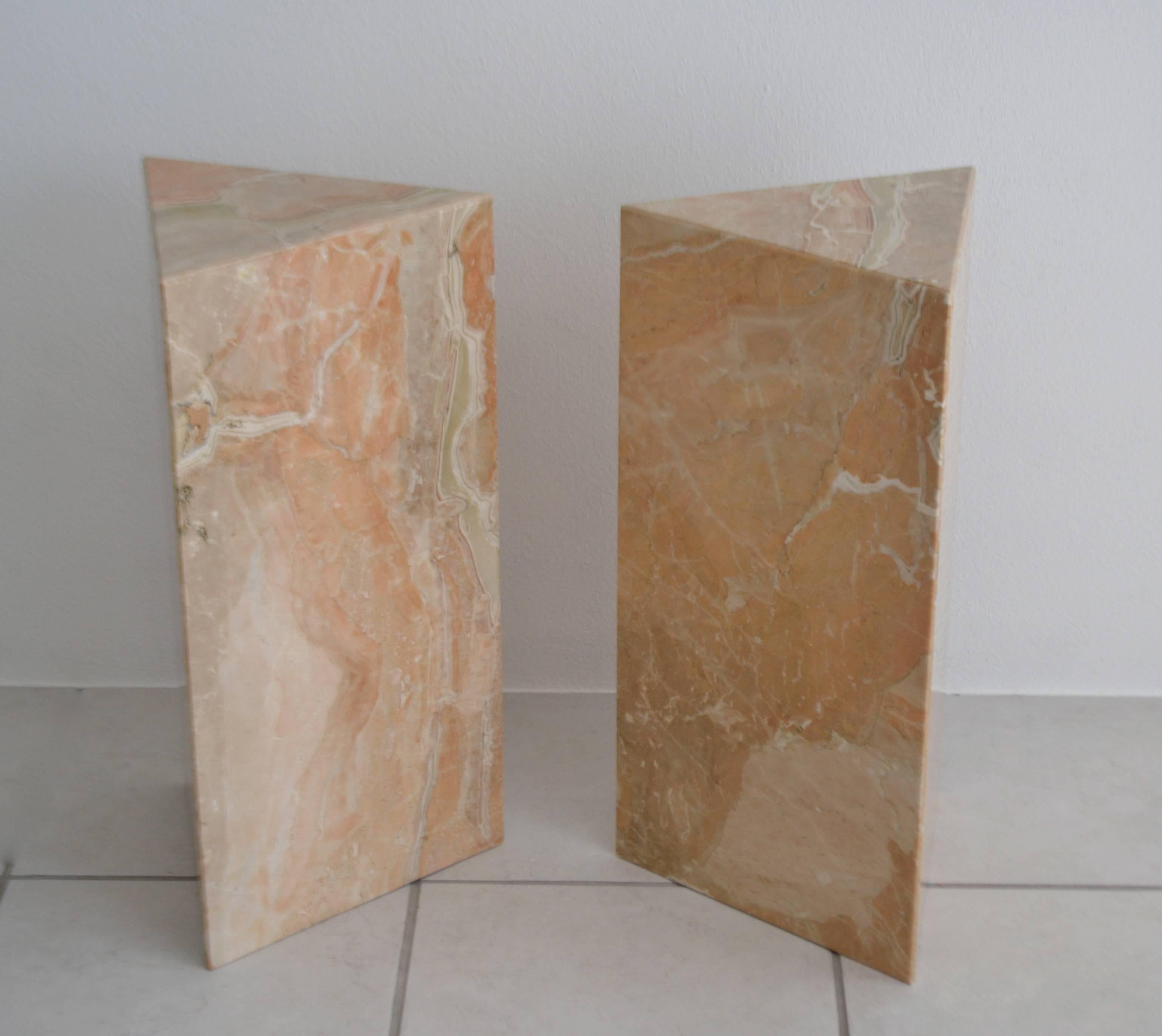 Pair of Postmodern Marble Triangular Form Pedestals In Good Condition For Sale In West Palm Beach, FL