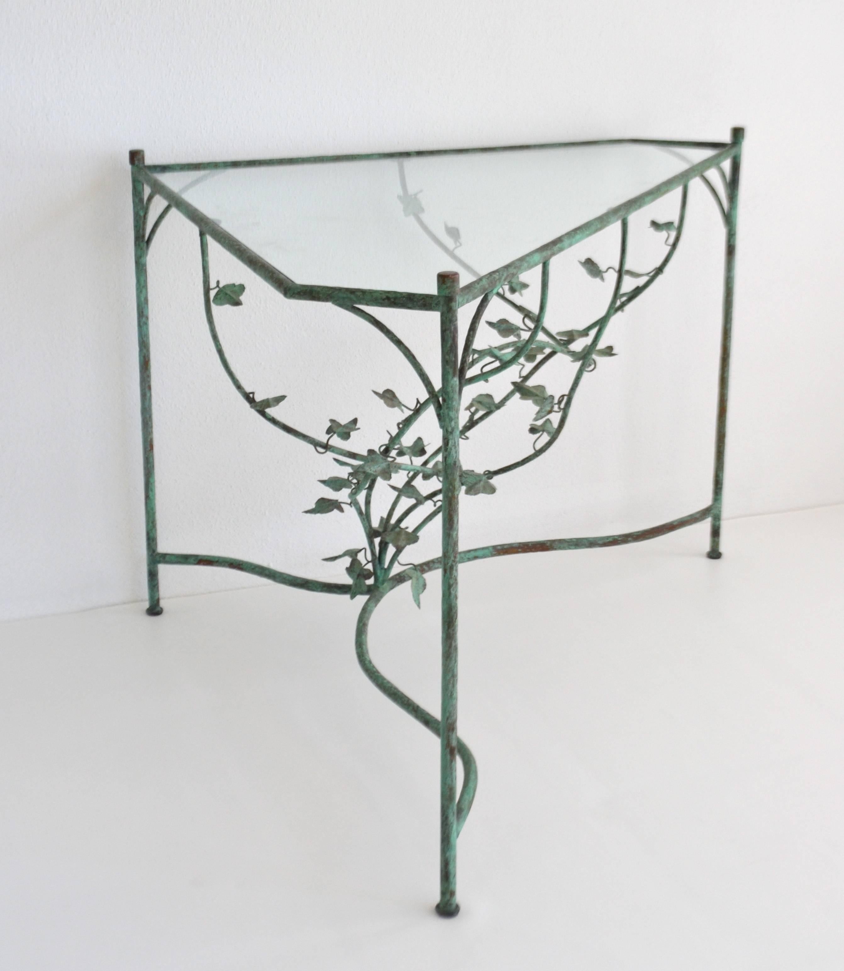 Hand-Wrought Verdigris Scrolling Vine Form Side Table or Console Table In Good Condition For Sale In West Palm Beach, FL