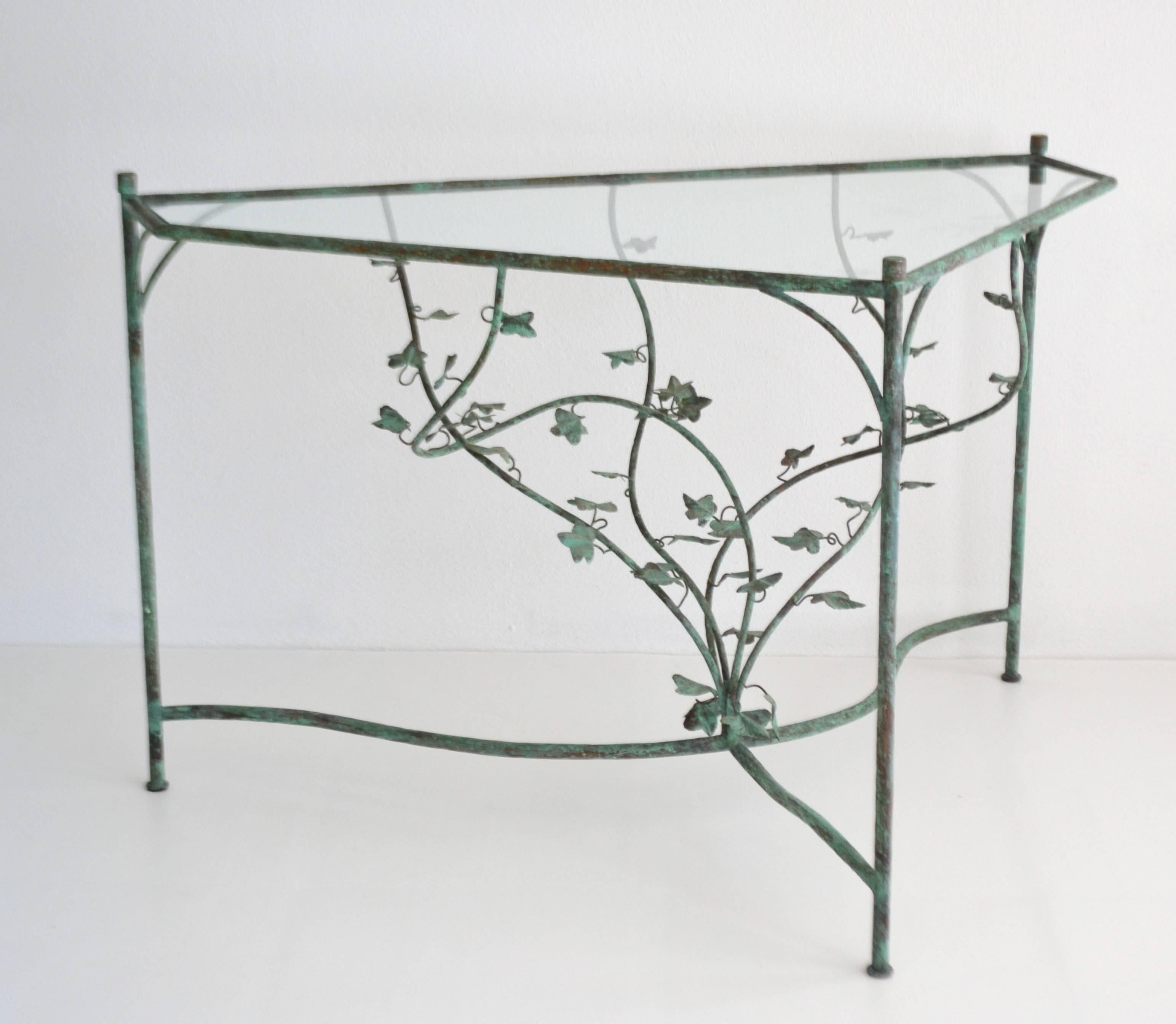 Mid-20th Century Hand-Wrought Verdigris Scrolling Vine Form Side Table or Console Table For Sale