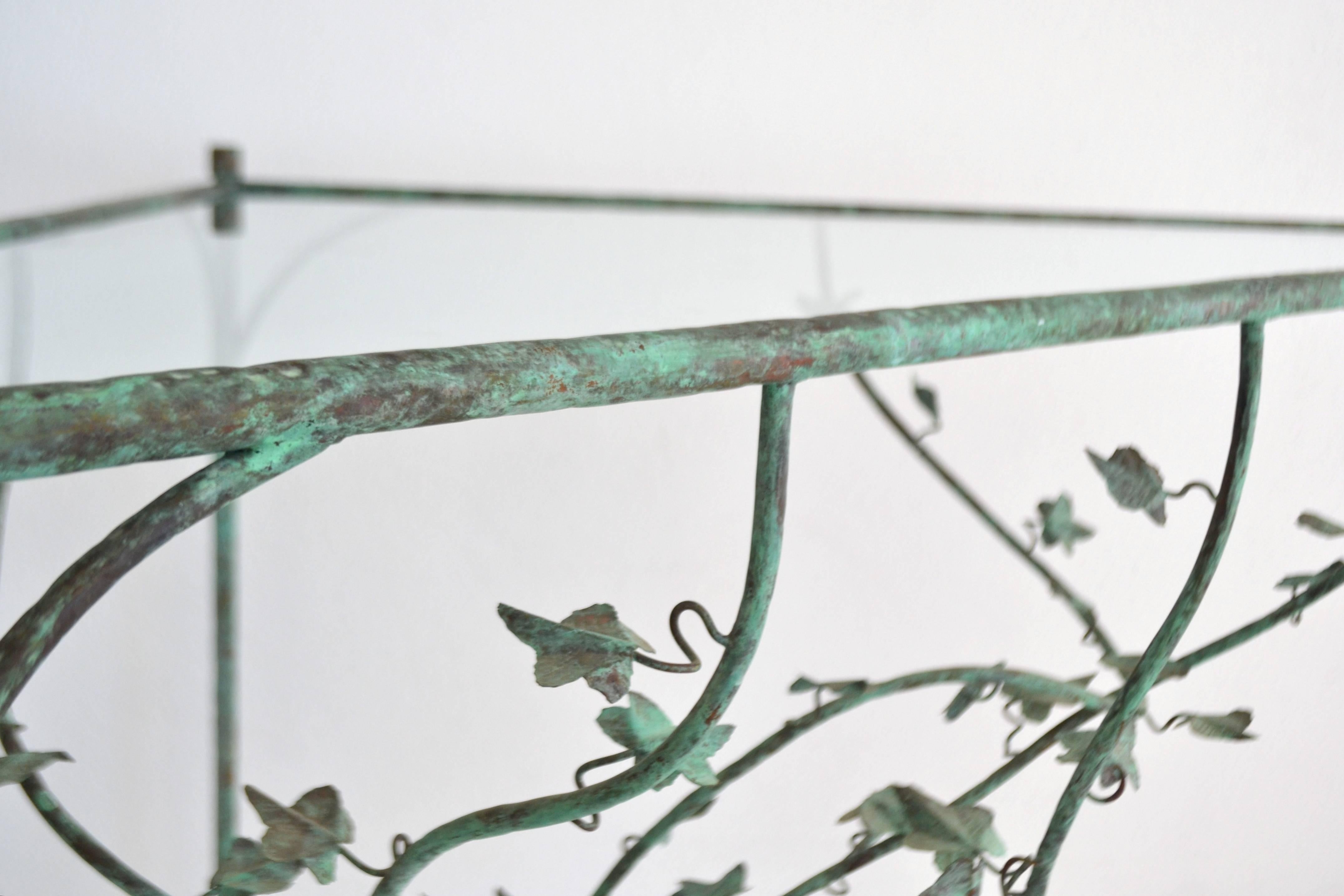 Copper Hand-Wrought Verdigris Scrolling Vine Form Side Table or Console Table For Sale