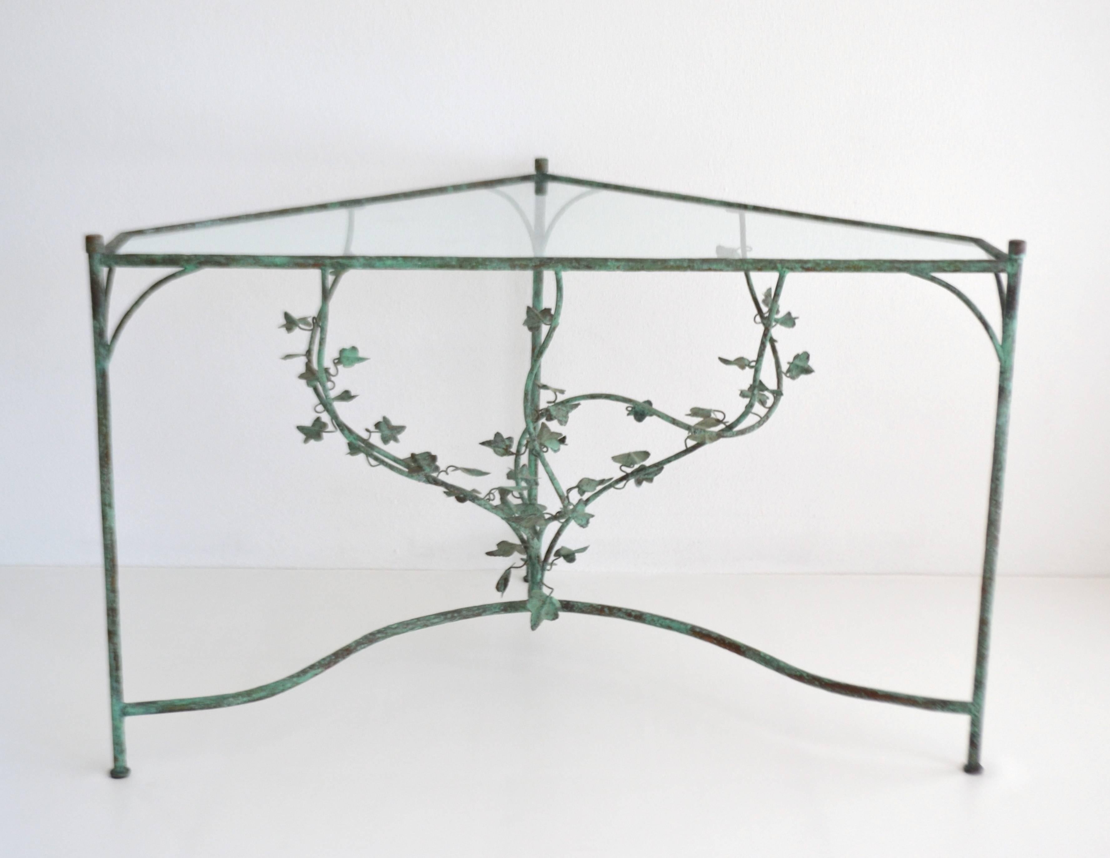 Hollywood Regency Hand-Wrought Verdigris Scrolling Vine Form Side Table or Console Table For Sale