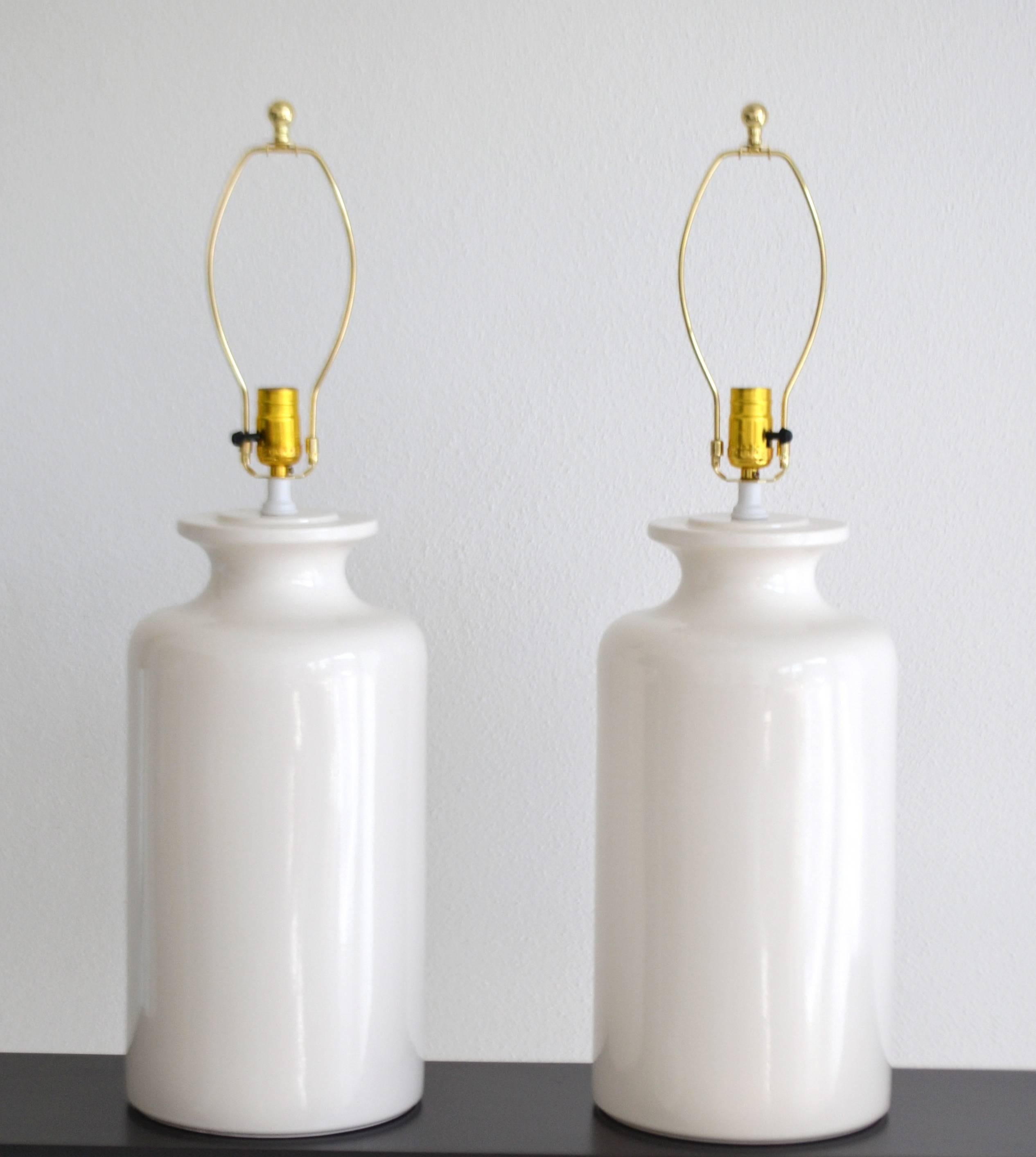 Mid-Century Modern Pair of White Glazed Jar Form Table Lamps