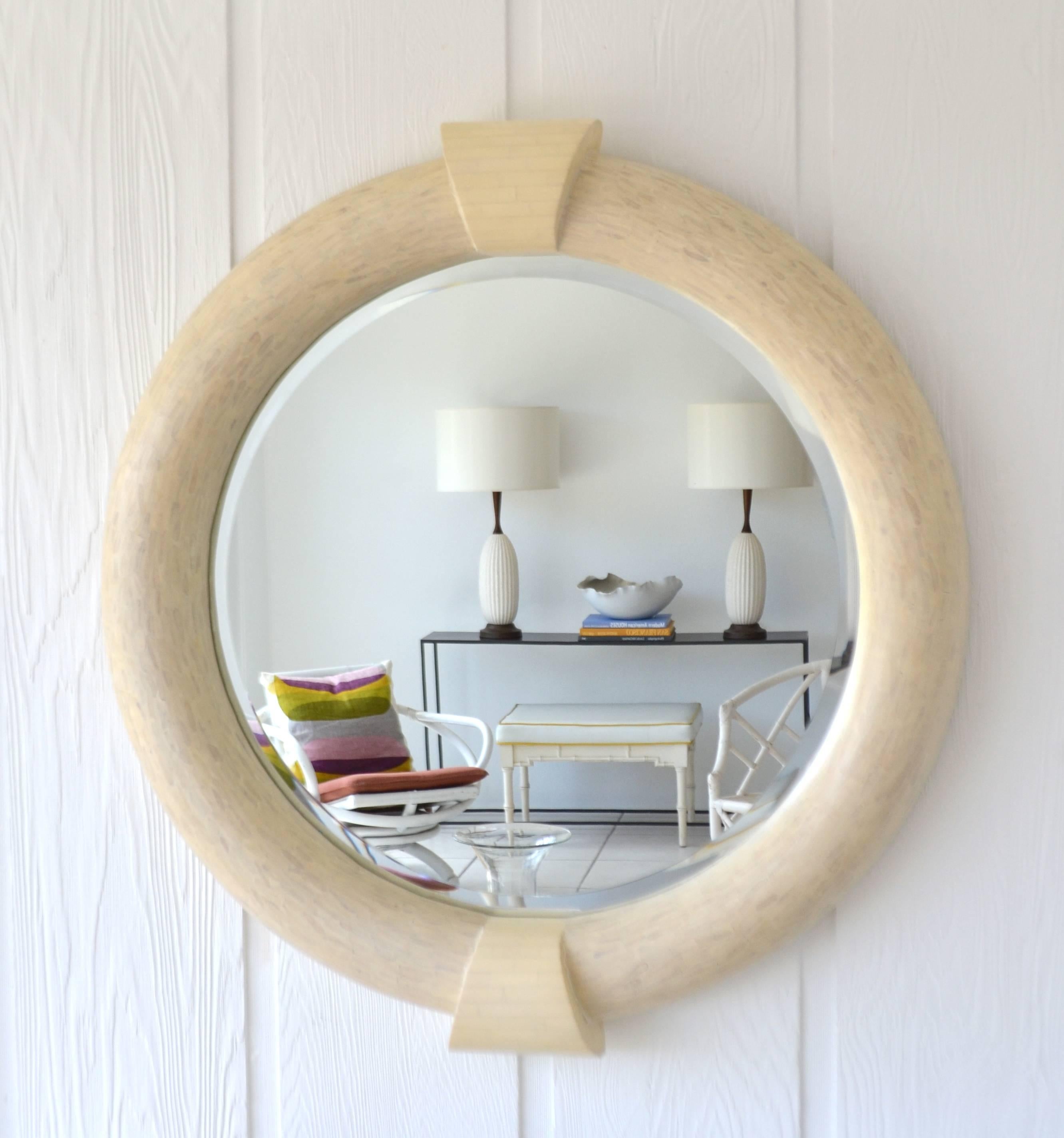 Glamorous Postmodern artisan crafted tessellated round wall mirror, circa 1980s.