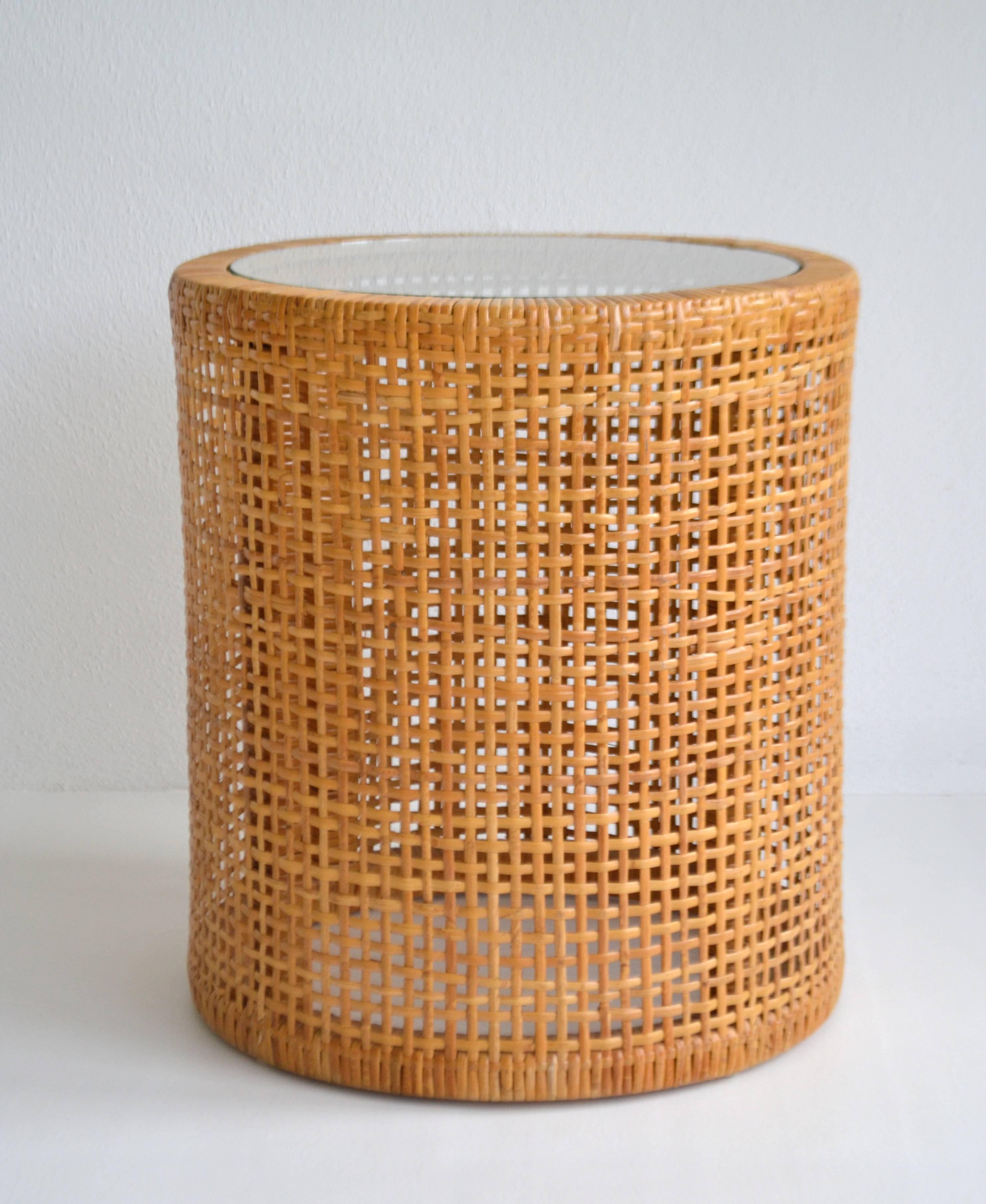 Mid-Century Modern Midcentury Woven Cane Drum Form Side Table