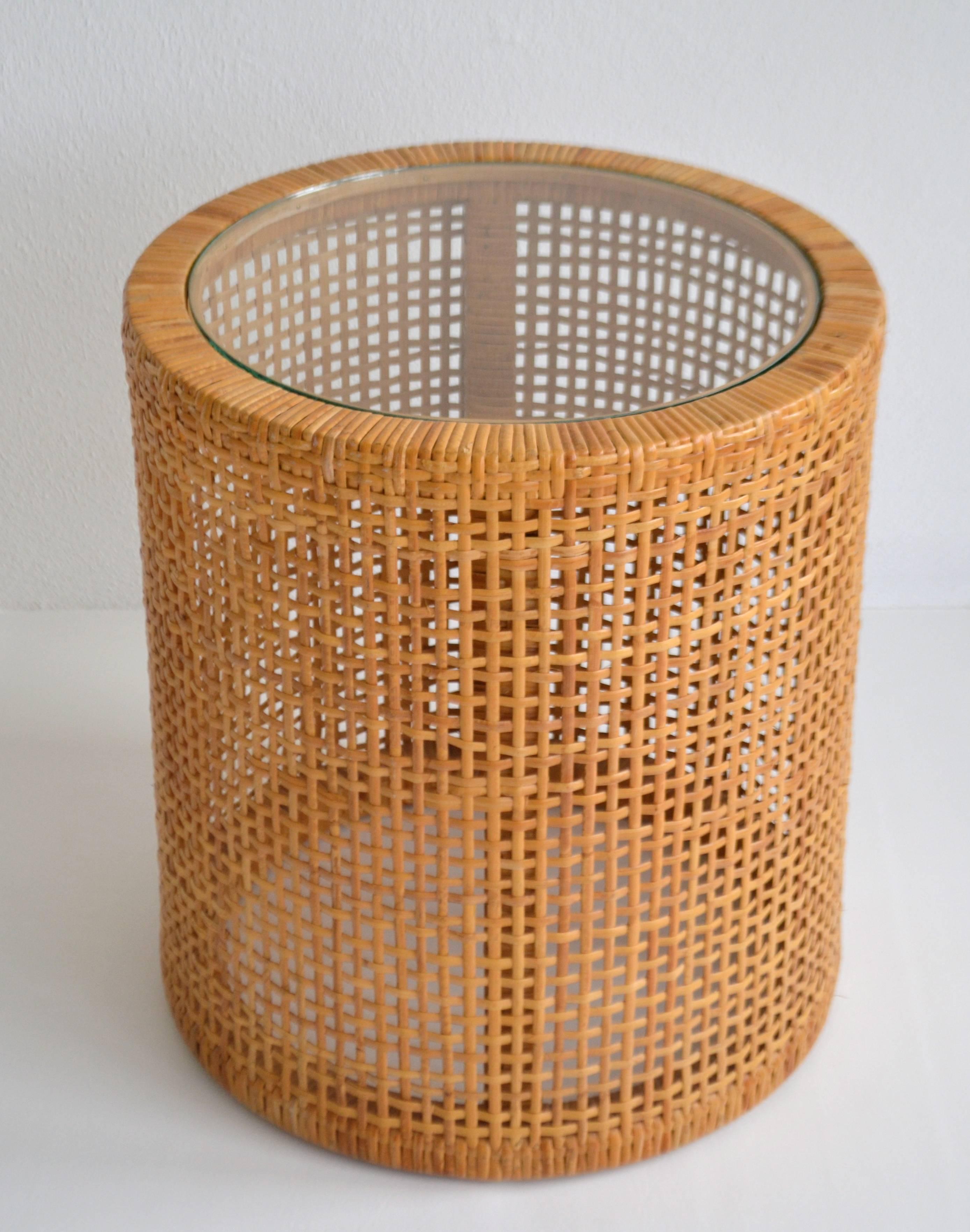 American Midcentury Woven Cane Drum Form Side Table