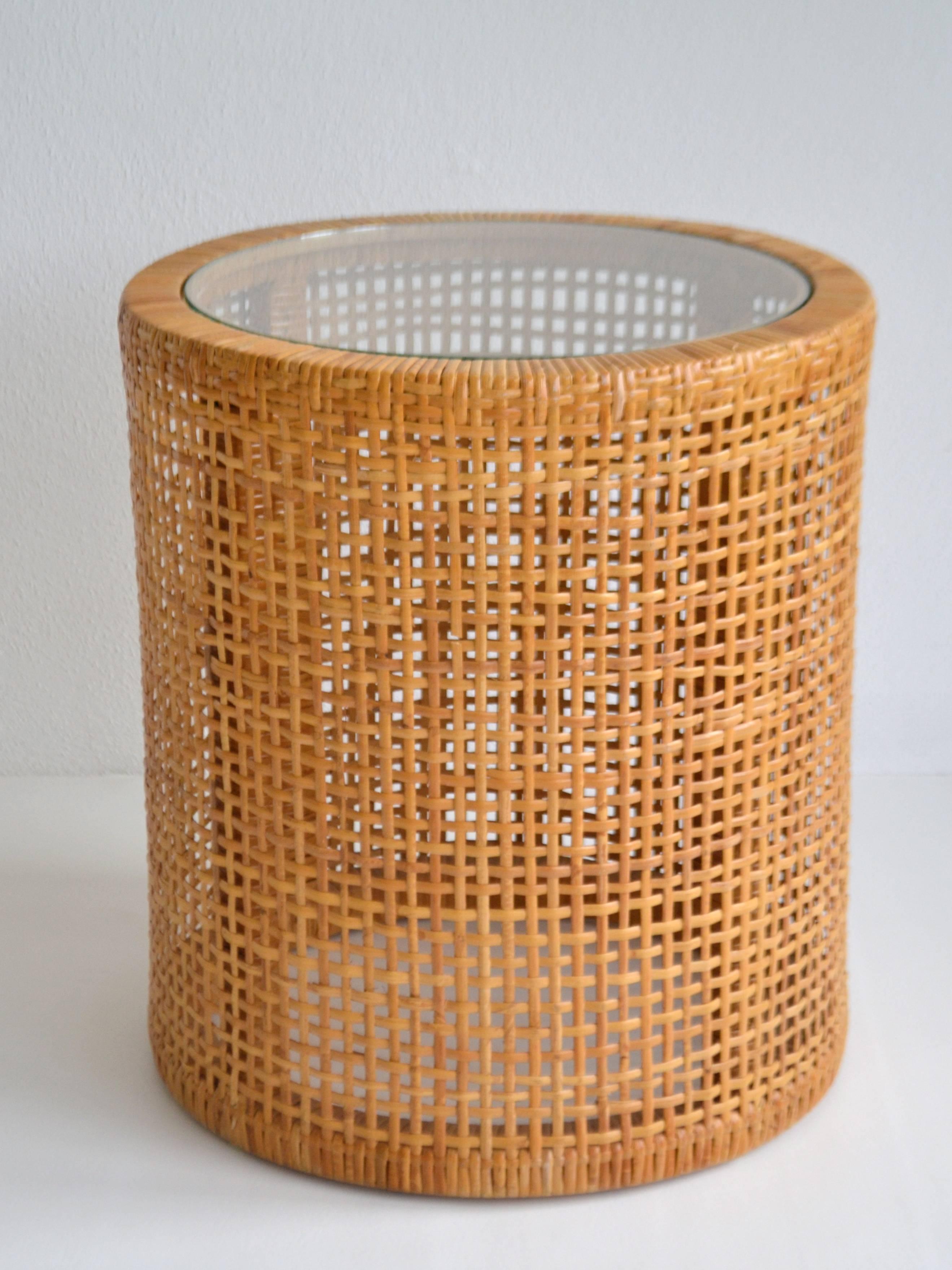 Midcentury Woven Cane Drum Form Side Table In Excellent Condition In West Palm Beach, FL