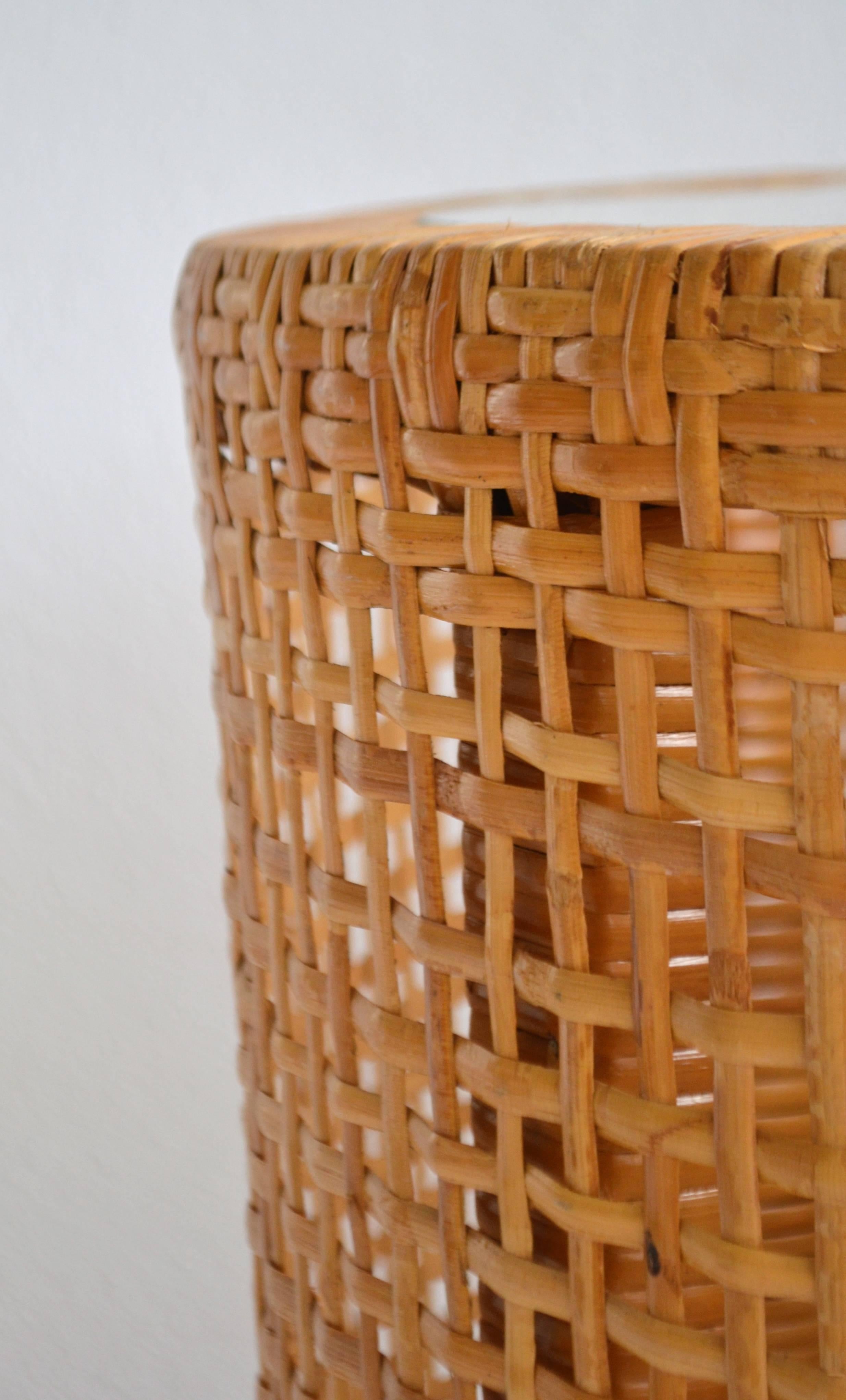 Wicker Midcentury Woven Cane Drum Form Side Table
