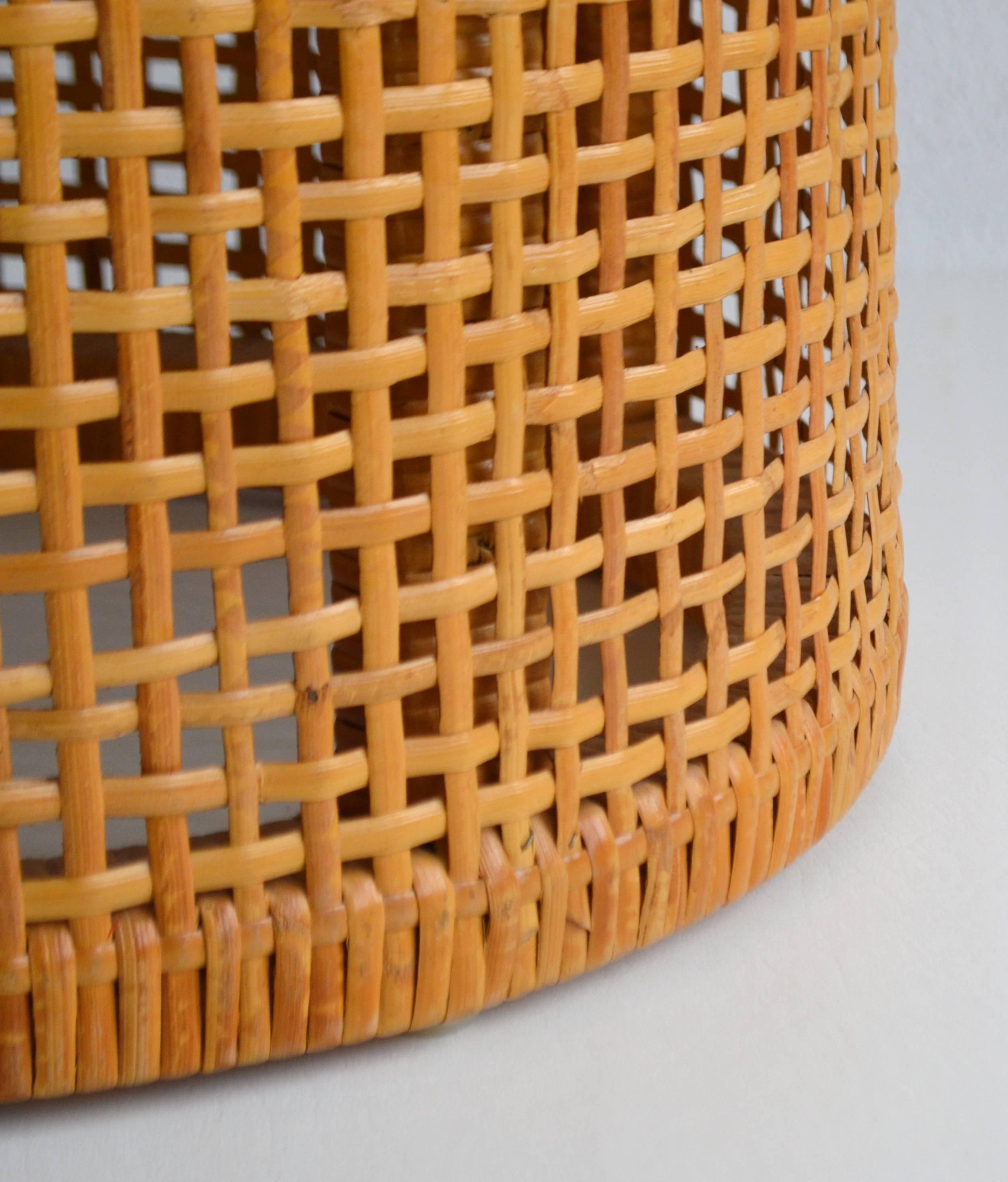 Midcentury Woven Cane Drum Form Side Table 1