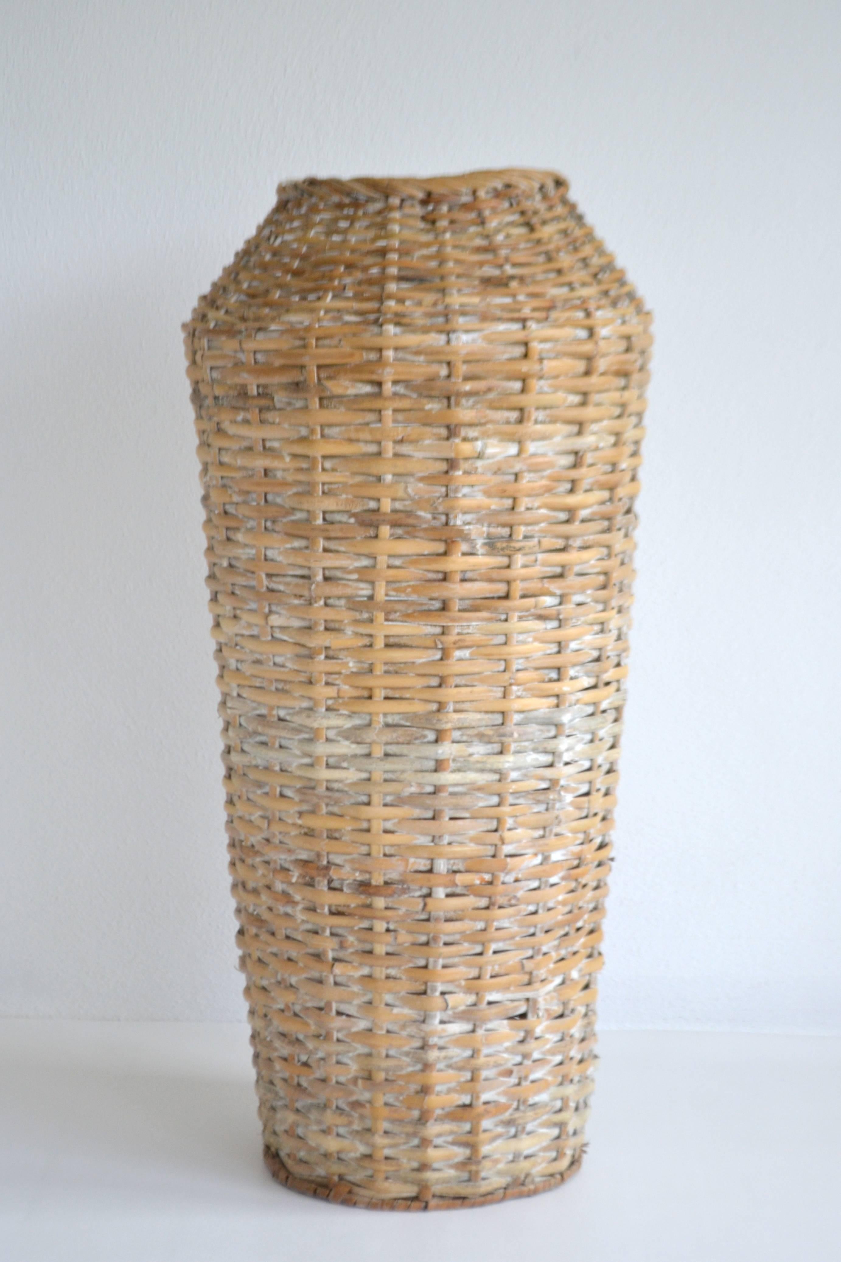 Mid-20th Century Sculptural Whitewashed Woven Rattan Basket For Sale
