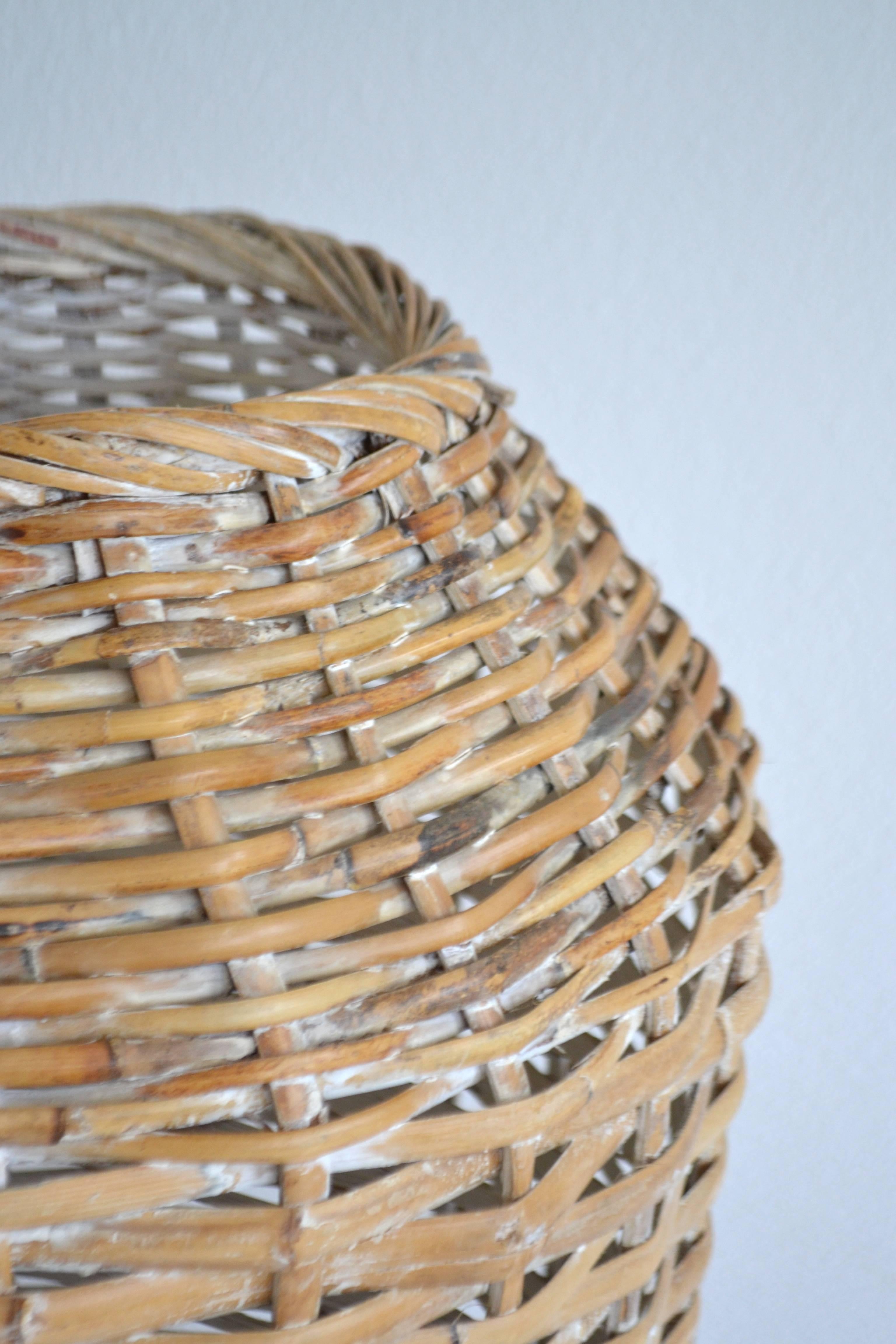Bamboo Sculptural Whitewashed Woven Rattan Basket For Sale