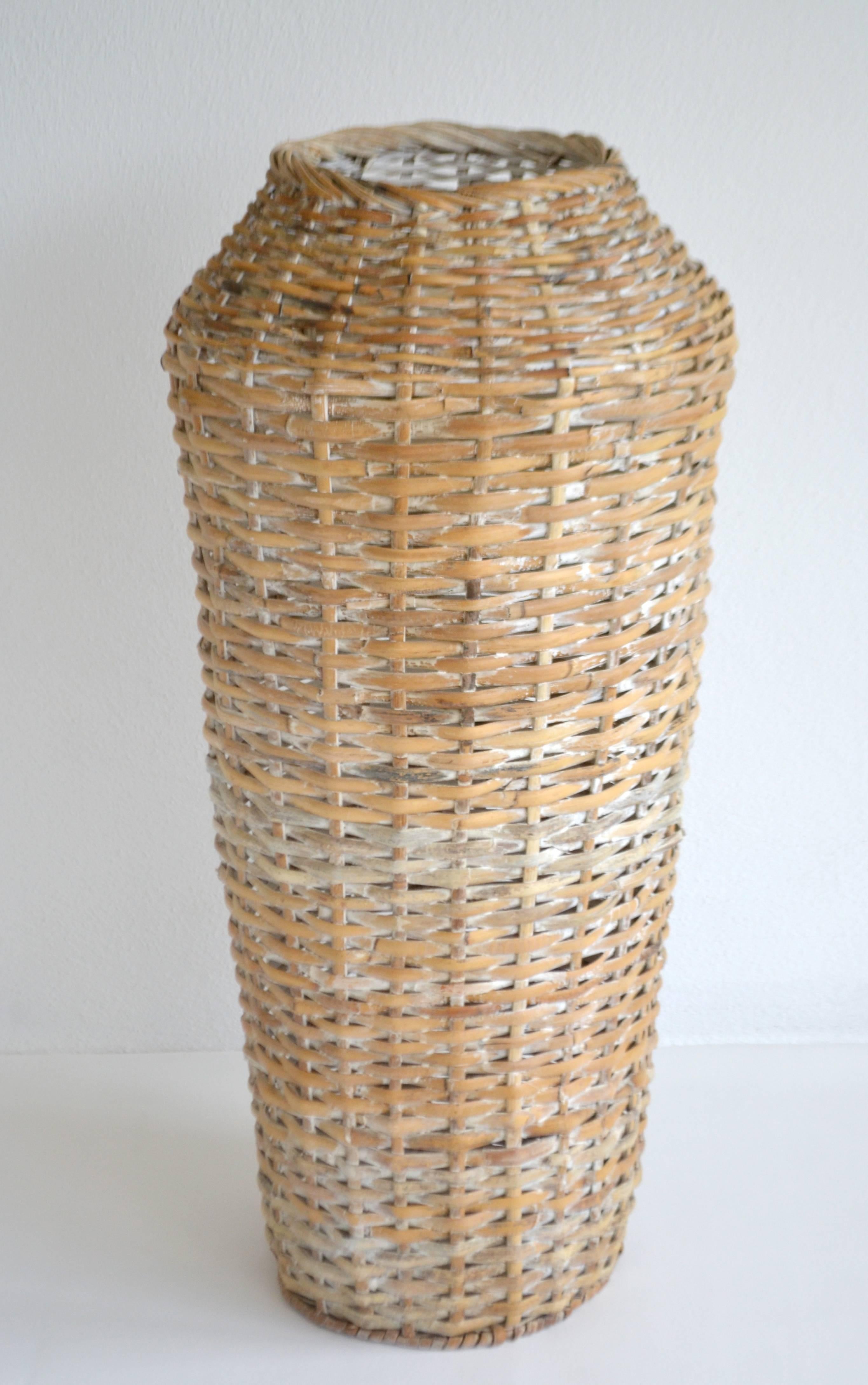Sculptural Whitewashed Woven Rattan Basket In Good Condition For Sale In West Palm Beach, FL