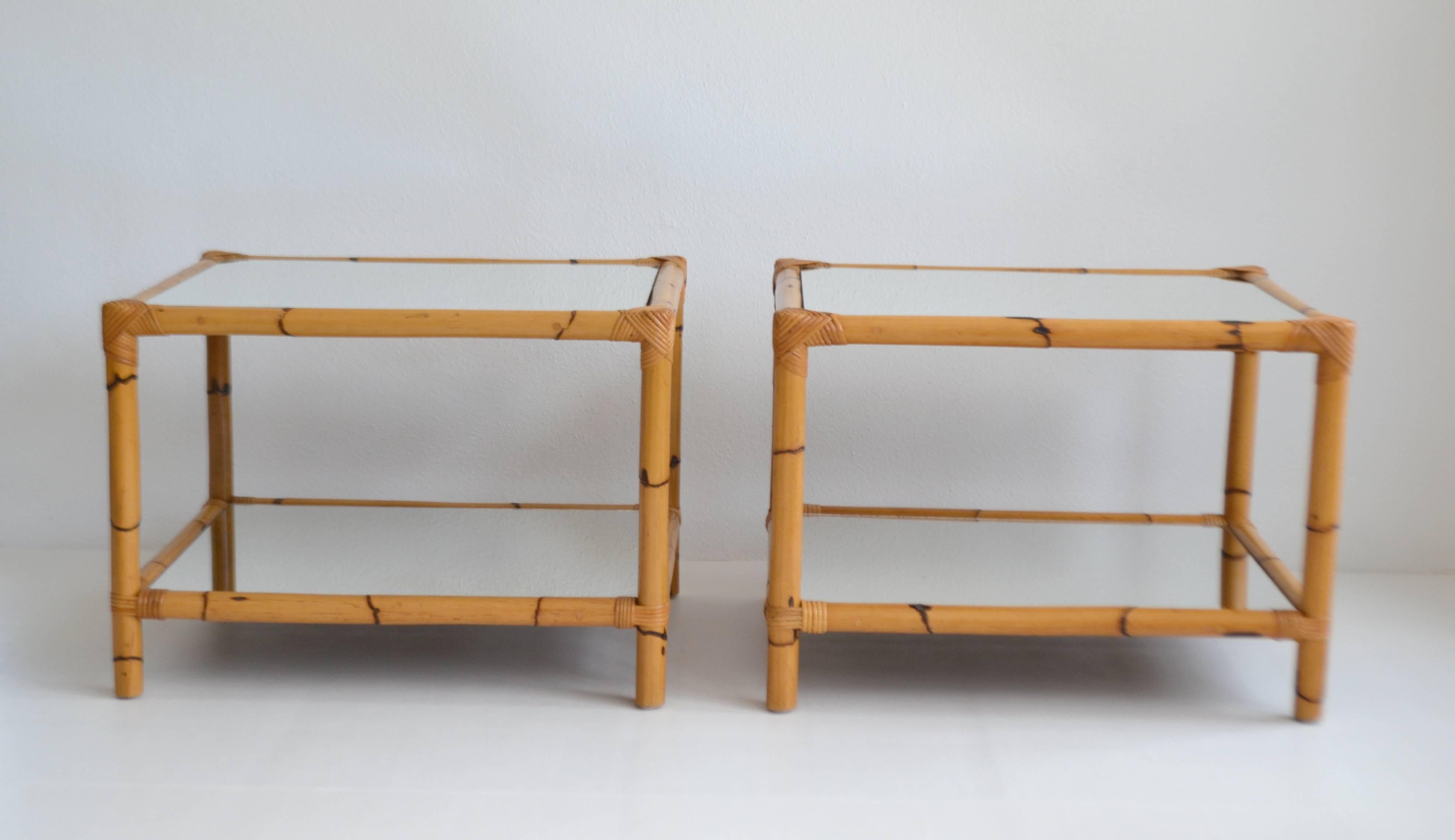 Mid-Century Modern Pair of Midcentury Mirrored Bamboo Two-Tier Side Tables
