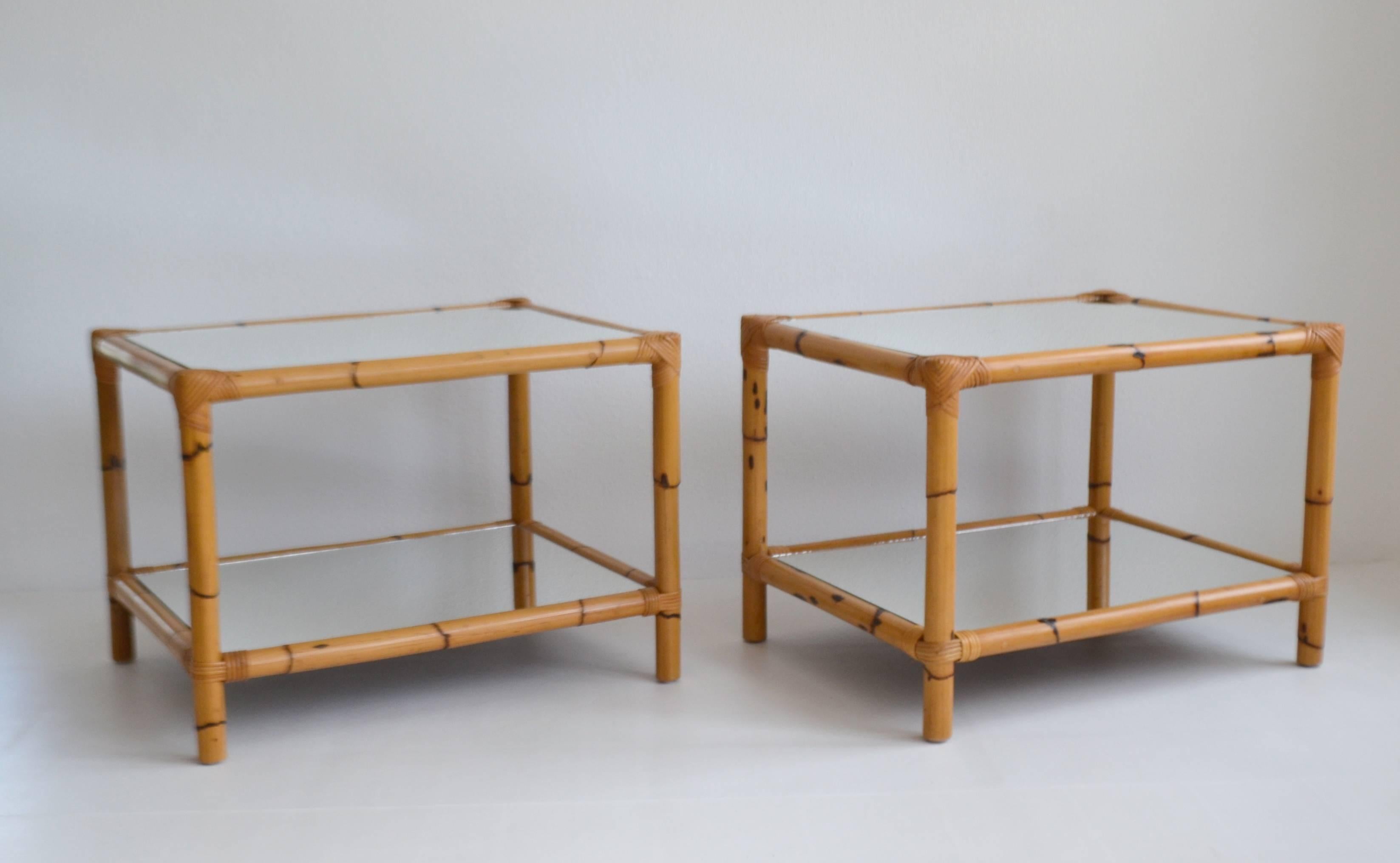 Pair of Midcentury Mirrored Bamboo Two-Tier Side Tables In Excellent Condition In West Palm Beach, FL