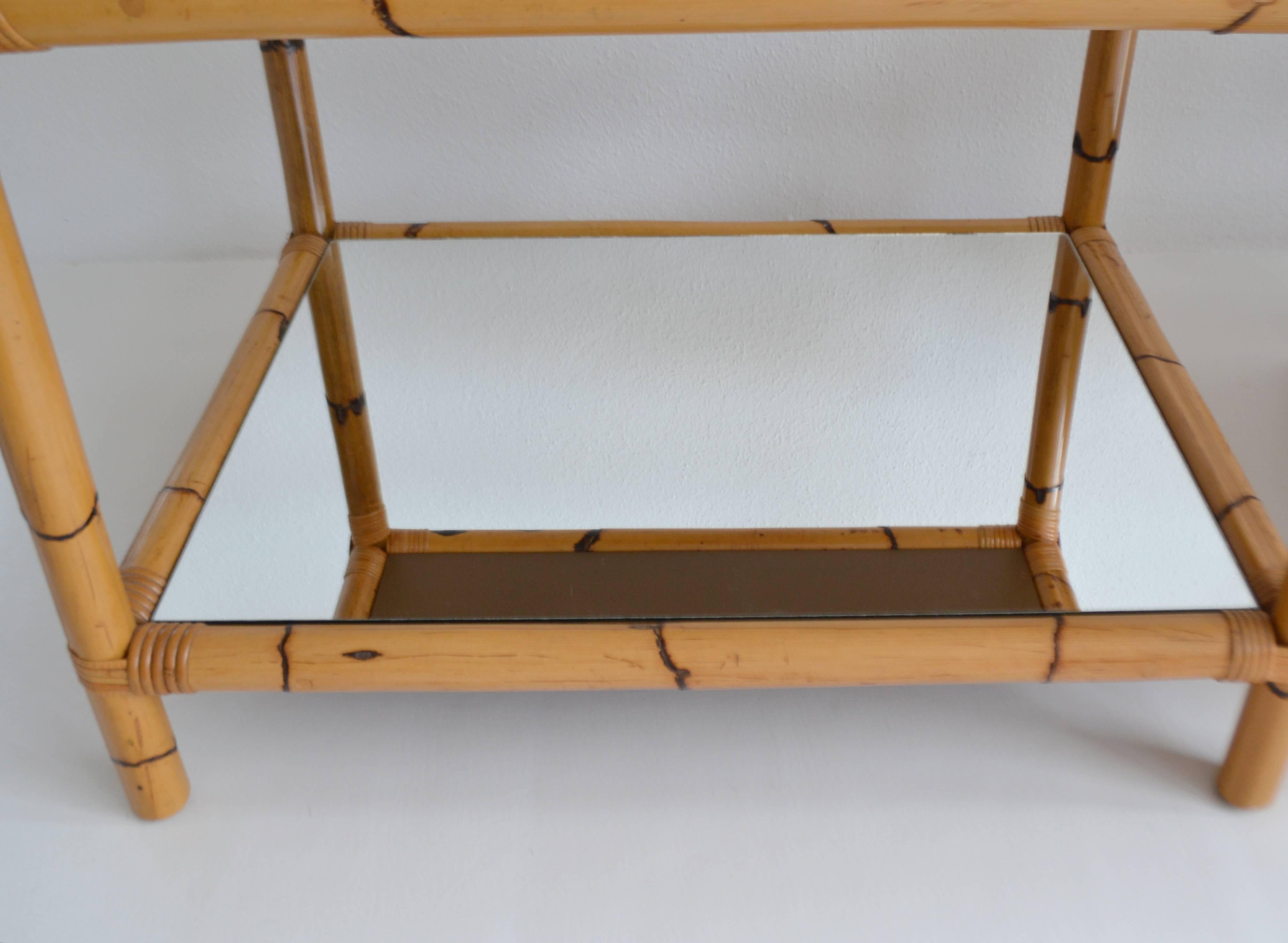 Pair of Midcentury Mirrored Bamboo Two-Tier Side Tables 3