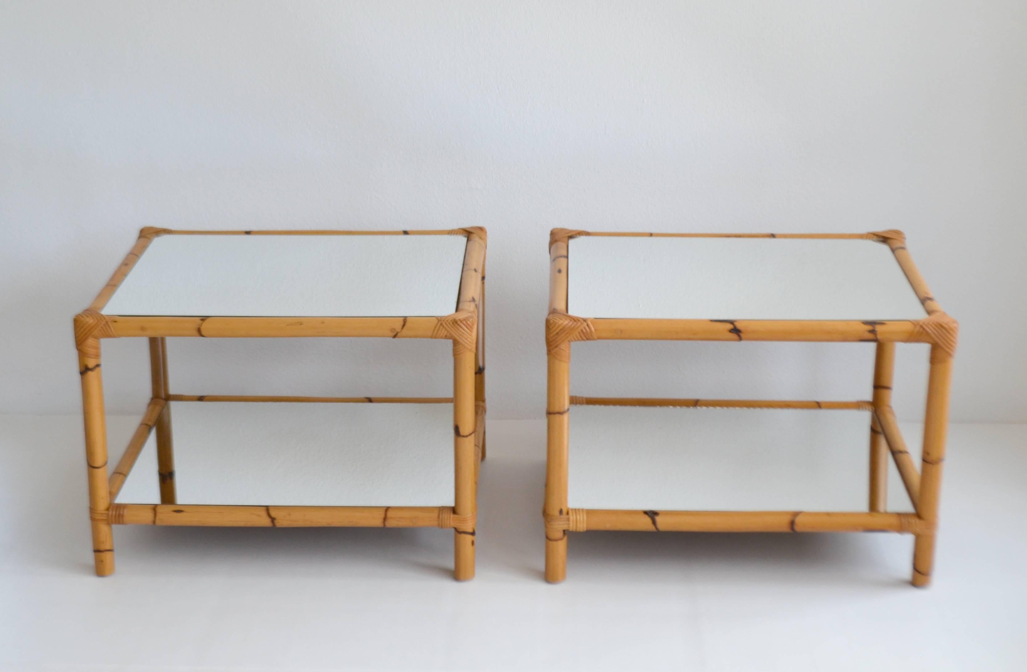 Pair of Midcentury Mirrored Bamboo Two-Tier Side Tables 4