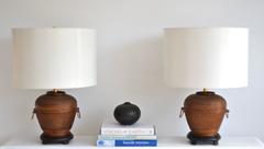 Pair of Mid-Century Woven Reed Basket Form Table Lamps