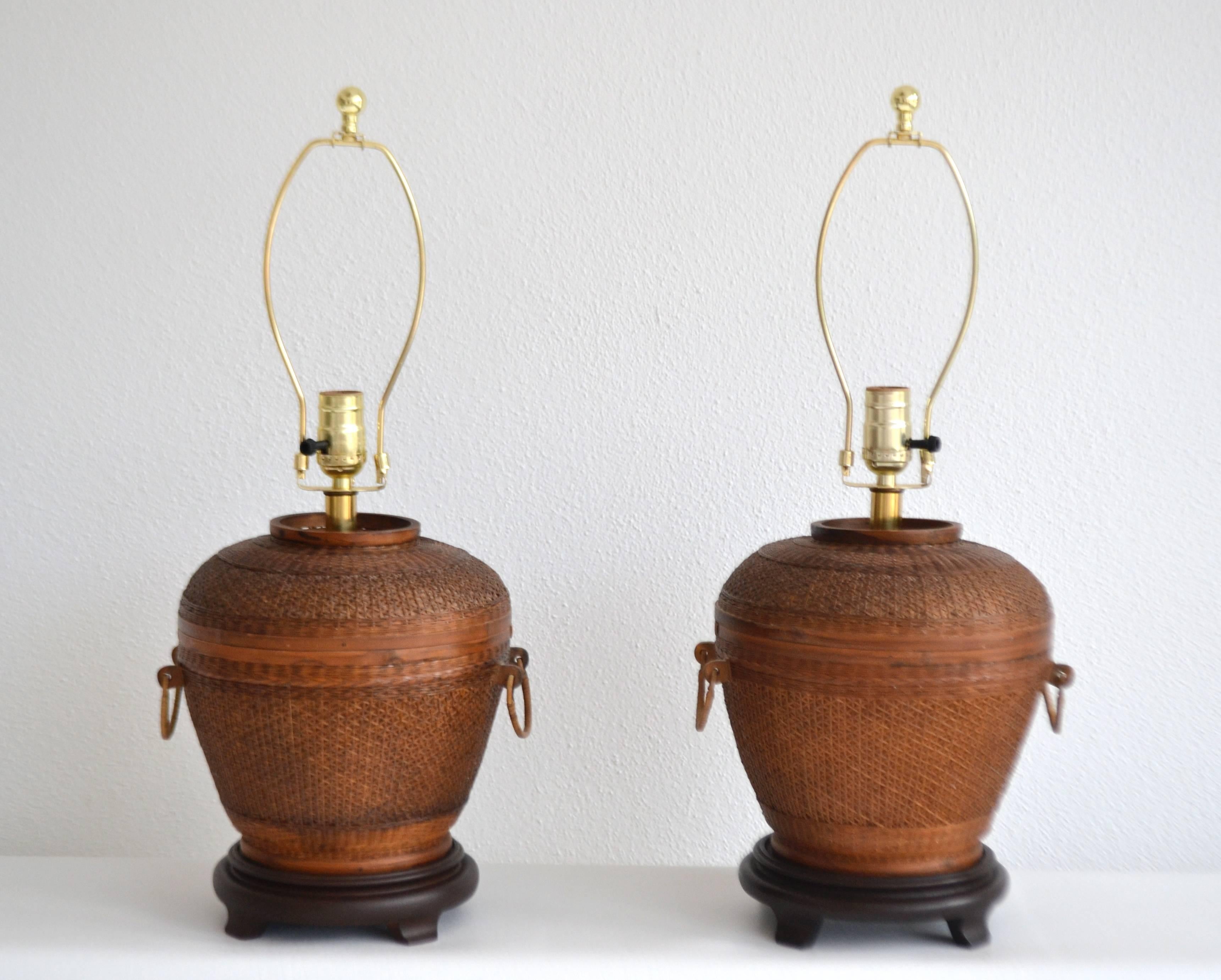 Mid-Century Modern Pair of Mid-Century Woven Reed Basket Form Table Lamps