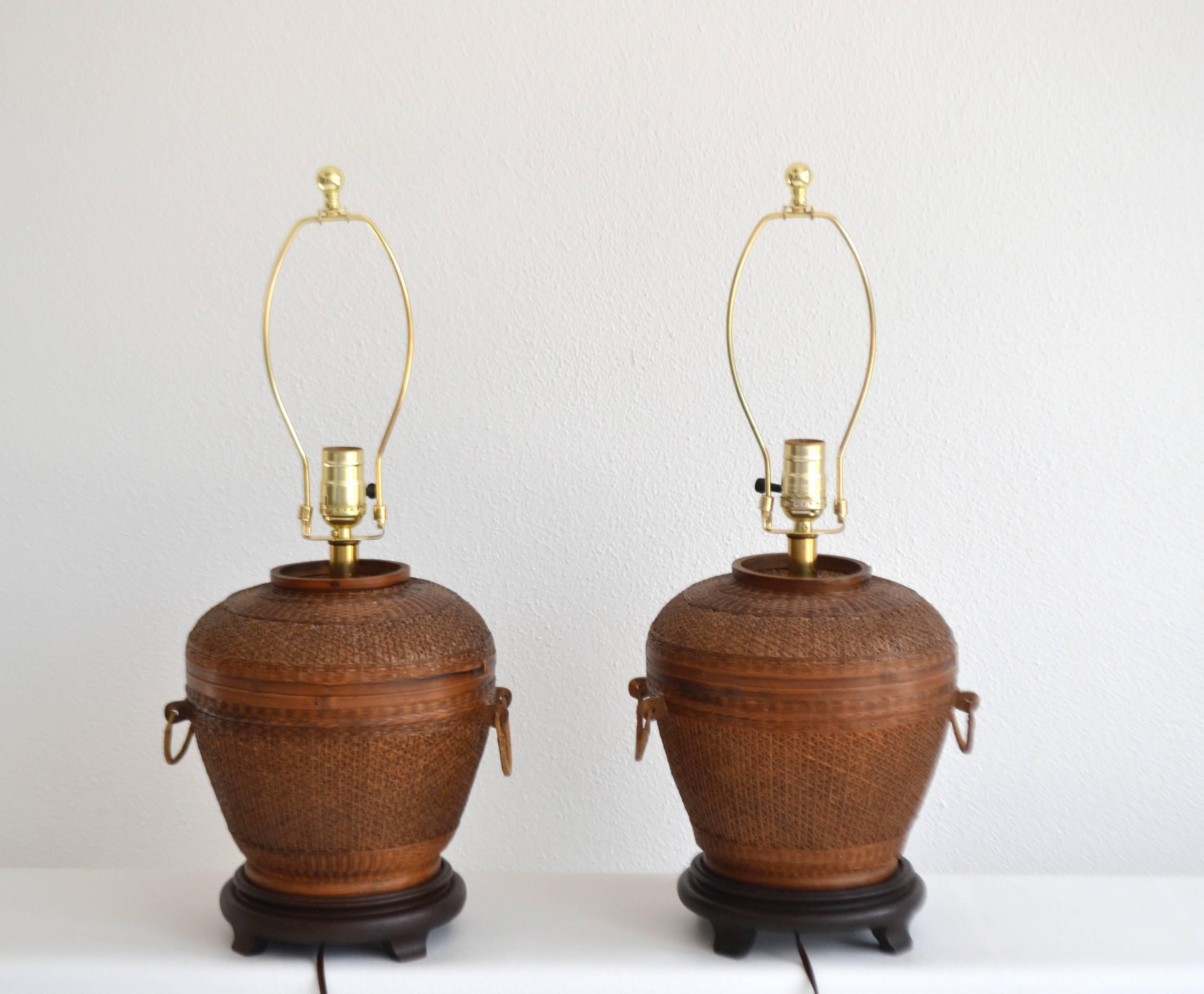 Mid-20th Century Pair of Mid-Century Woven Reed Basket Form Table Lamps