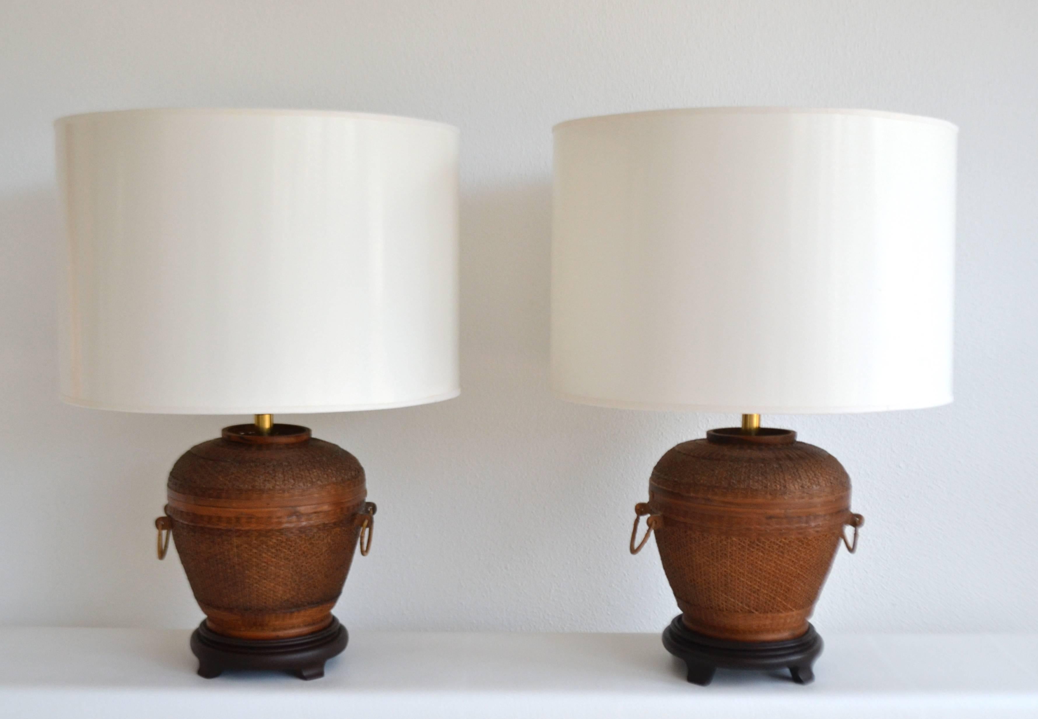 Pair of Mid-Century Woven Reed Basket Form Table Lamps 2