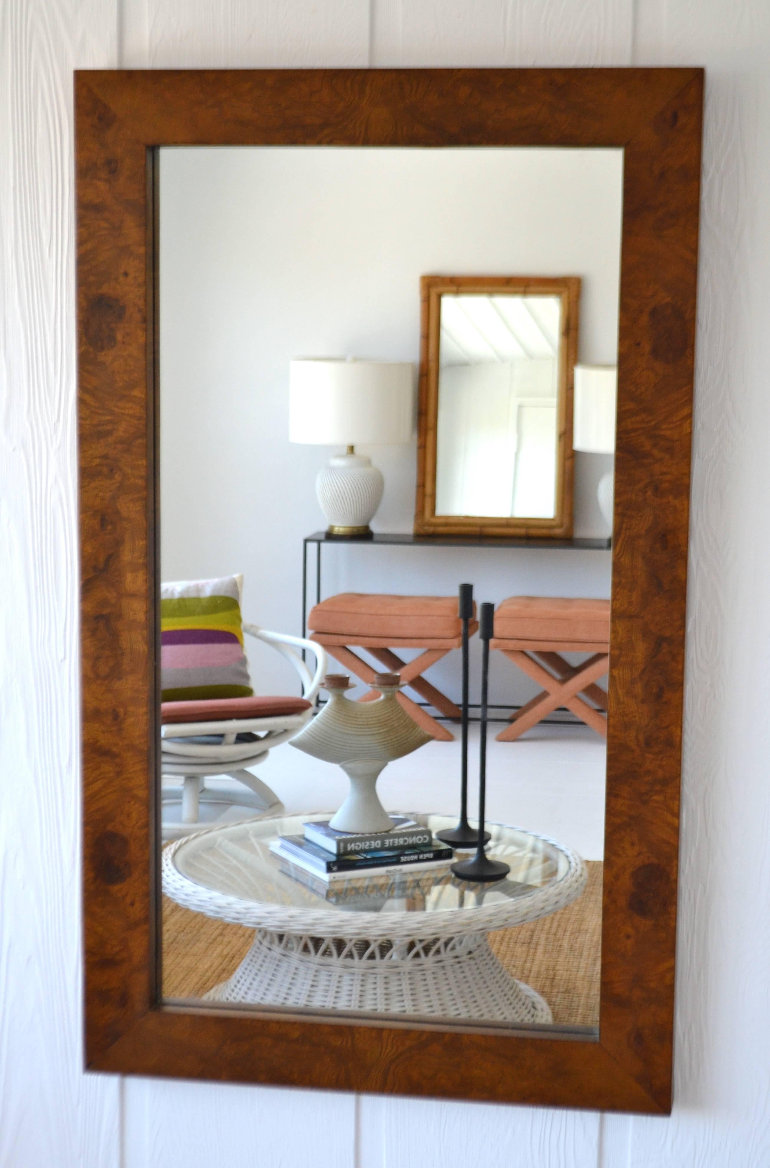 Striking midcentury burl walnut rectangular form wall mirror, circa 1960s-1970s.