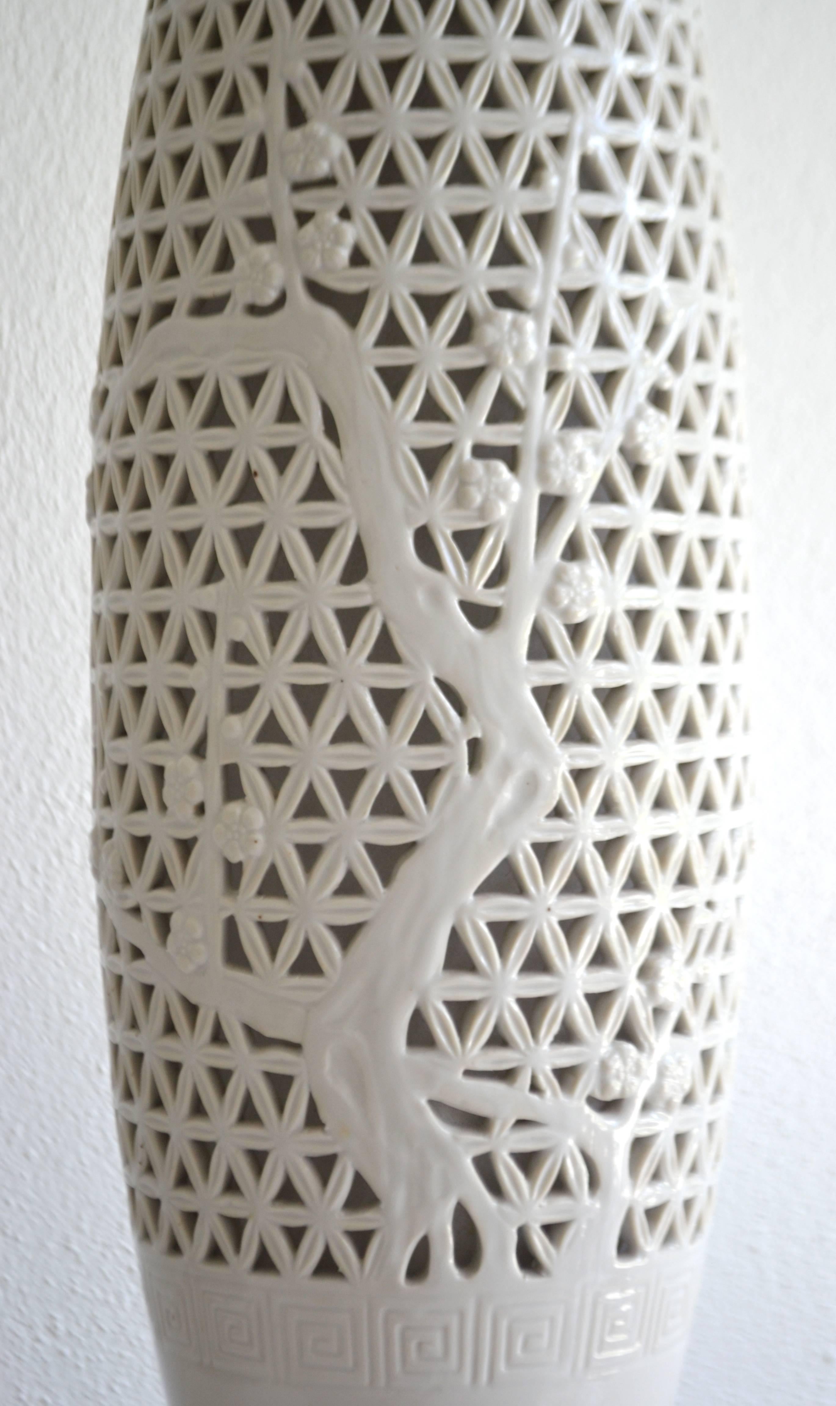 Ceramic Pair of Hollywood Regency Pierced Porcelain Blanc de Chine Table Lamps