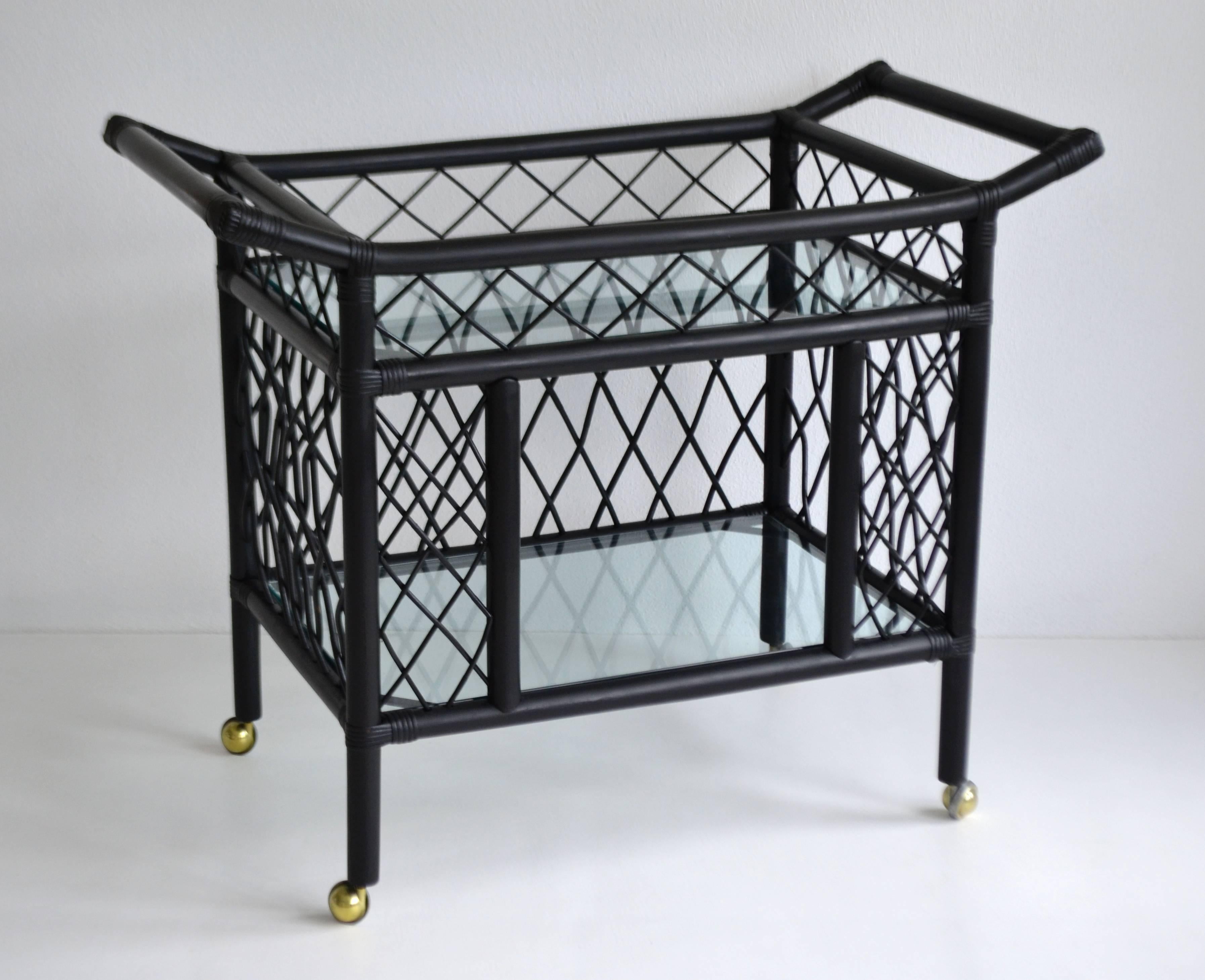 Mid-Century Modern Midcentury Black Lacquered Bamboo Bar Cart