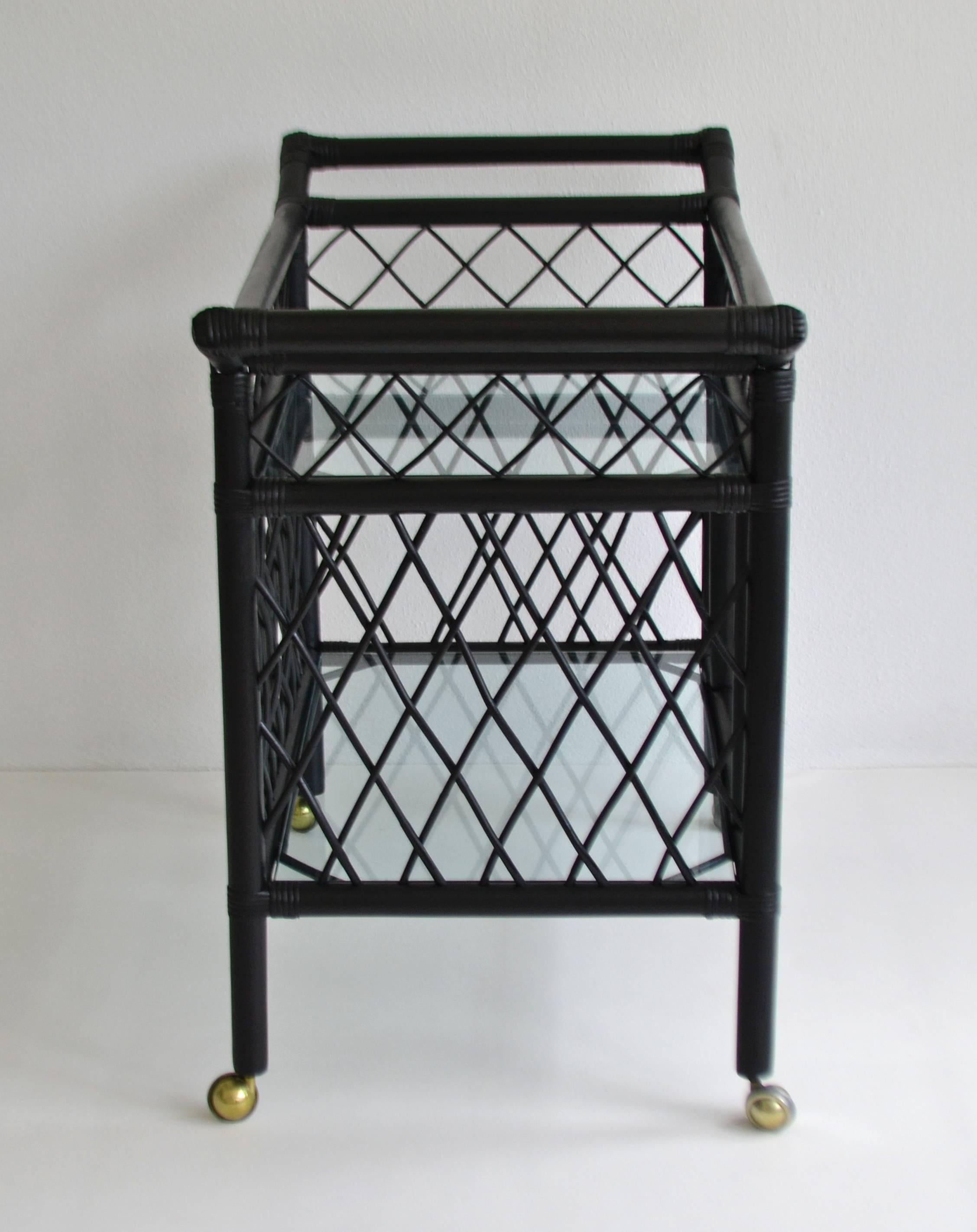 American Midcentury Black Lacquered Bamboo Bar Cart
