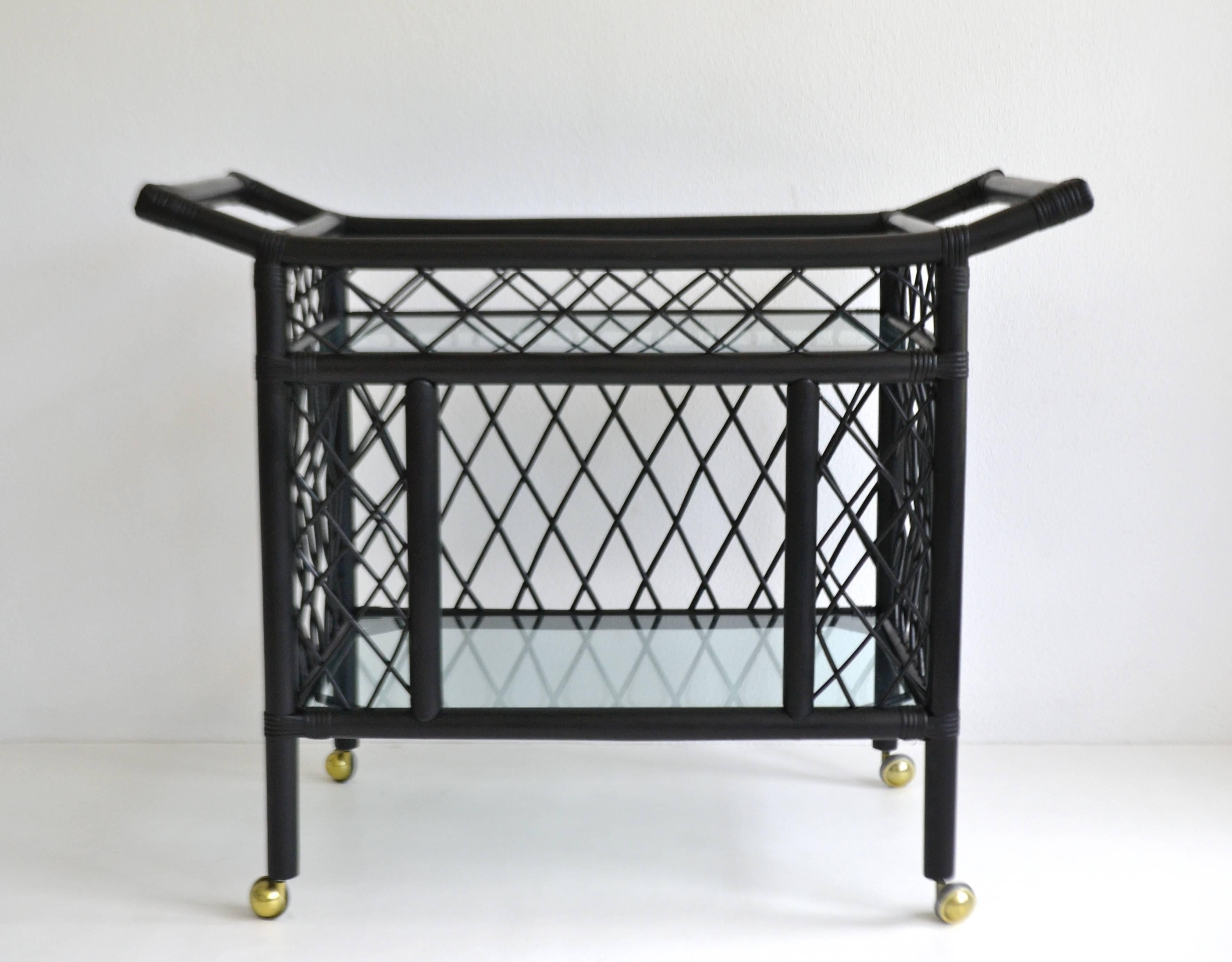 Midcentury Black Lacquered Bamboo Bar Cart 1
