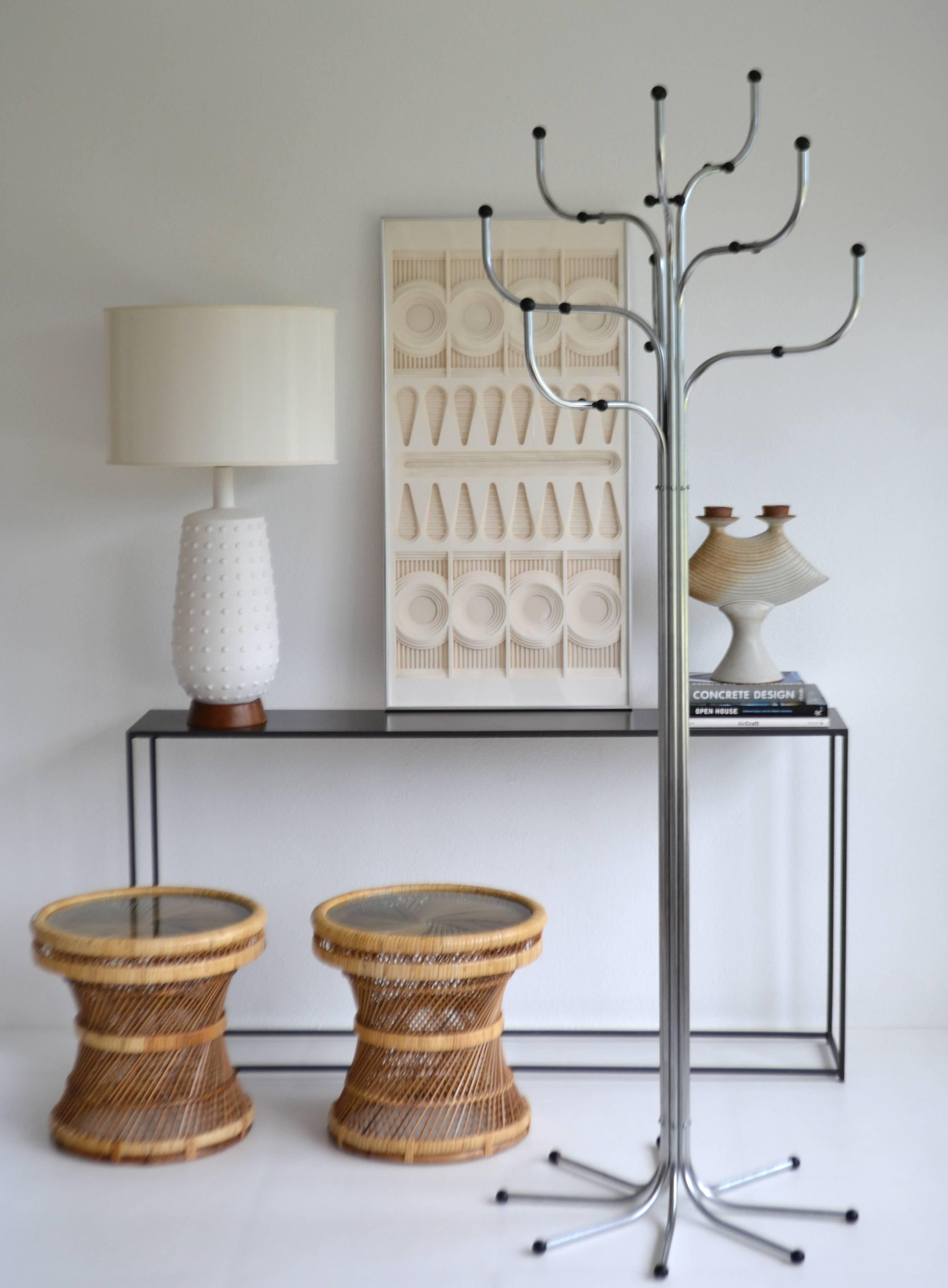 Striking Mid-Century sculptural standing coat rack by Sidse Werner, circa 1970s. This stunning large-scale tree form hat rack/ hall tree is designed of bent chromed steel tubes with round black ball knobs.
