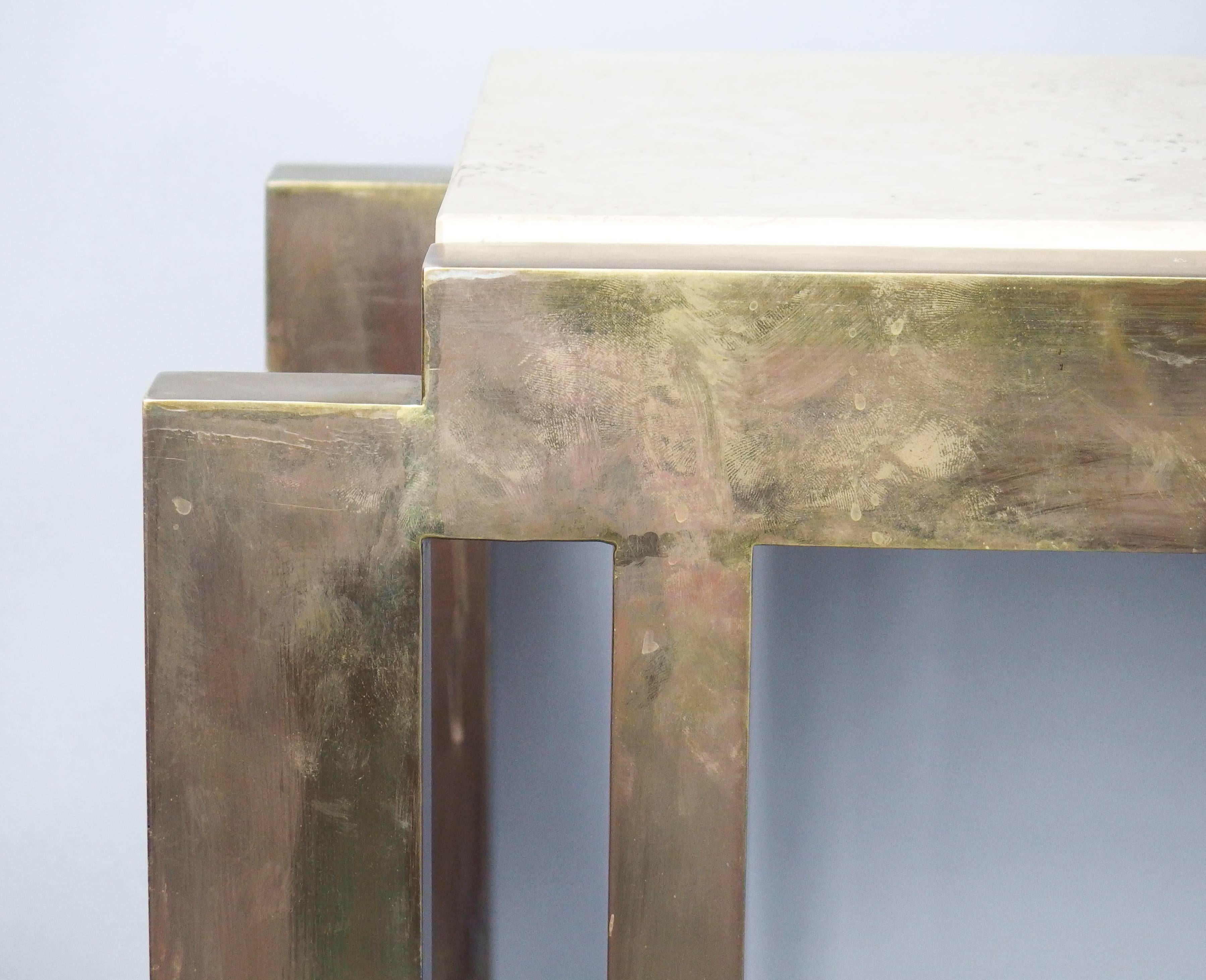 Patinated 1970s Brass and Travertine Console Table by Nucci Valsecchi