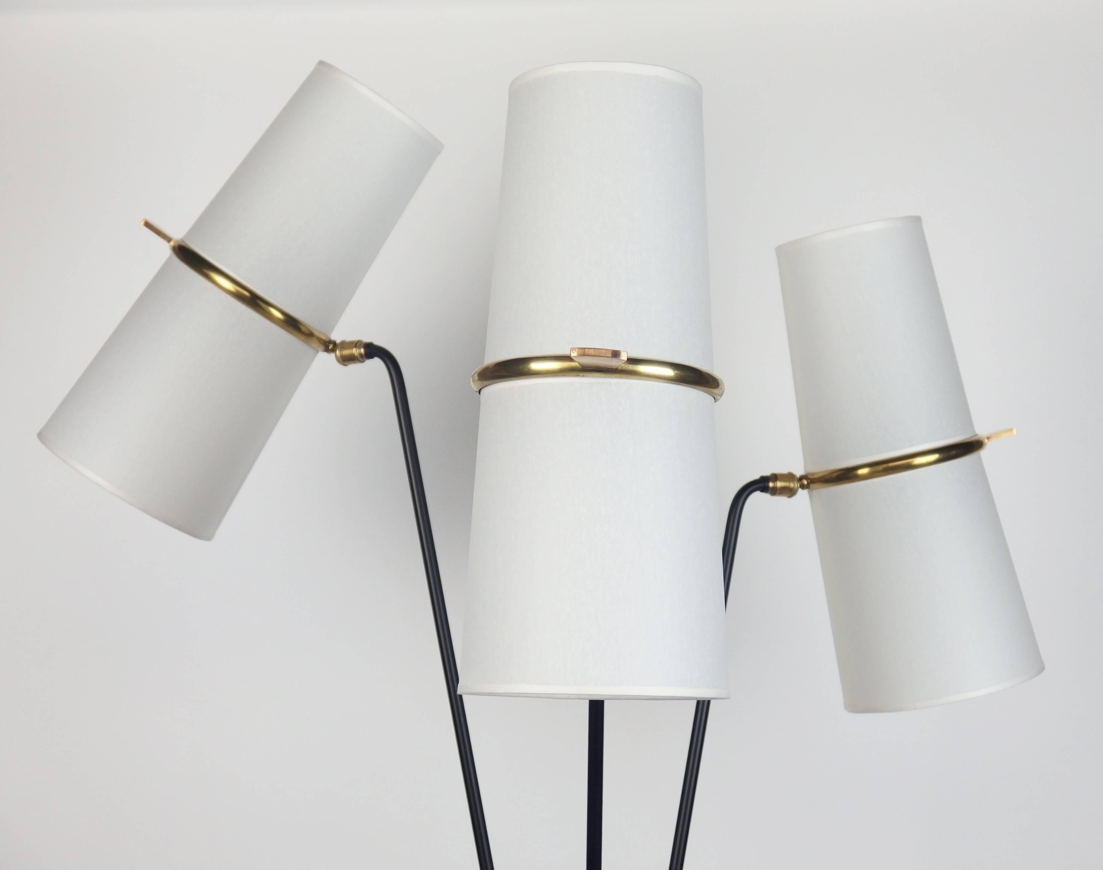 A floor lamp made of black enamelled metal with adjustable brass and paper shades on different heights stems.