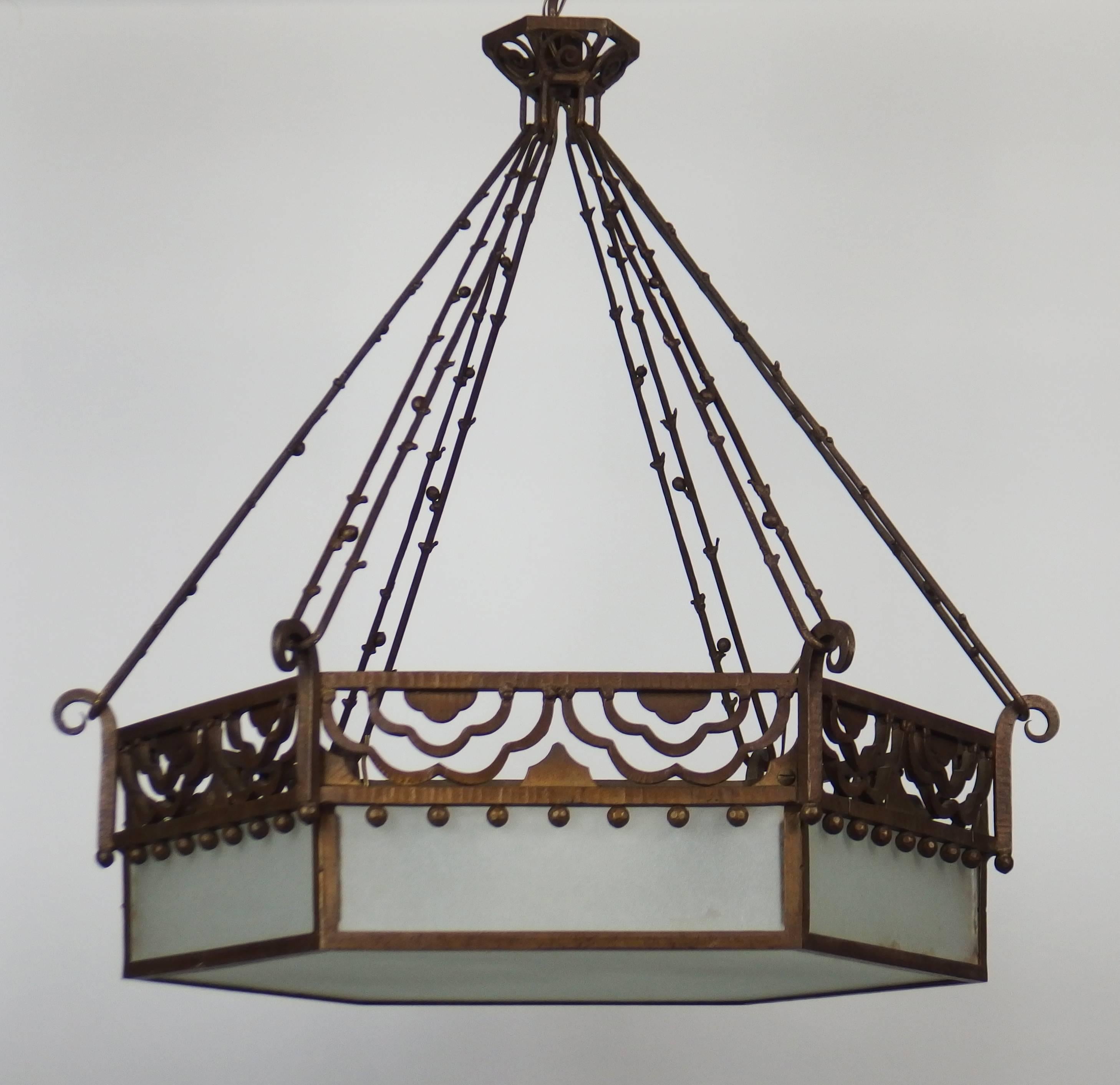 Patinated Three Art Deco Wrought Iron Chandeliers