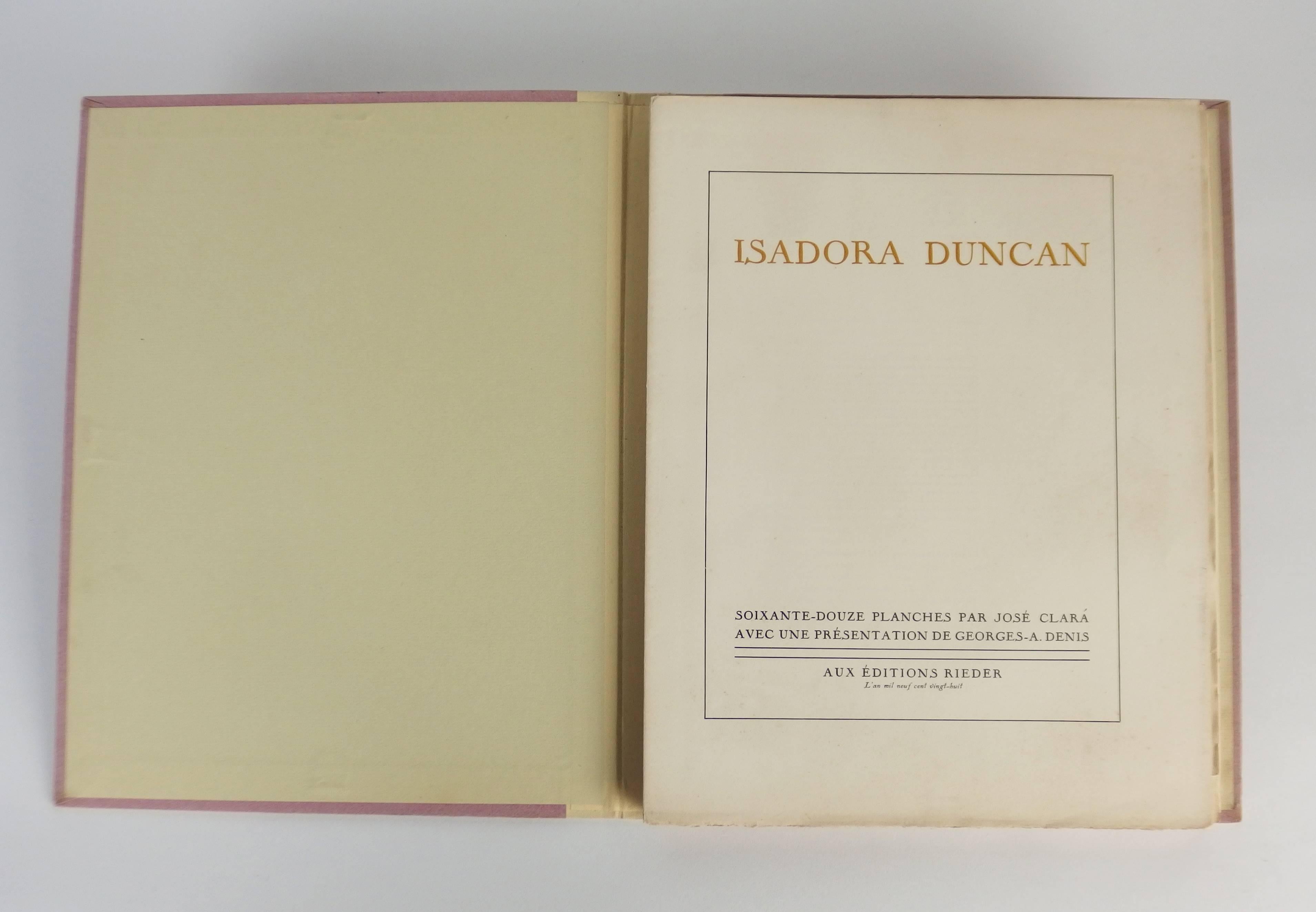 A book edited in 1928, after Isadora Duncan's death, by Rieder editions.
This books includes a text by Georges A Denis & 72 plates after Jose Clara representing Duncan's movements dance.
Jose Clara was a catalan spanish
