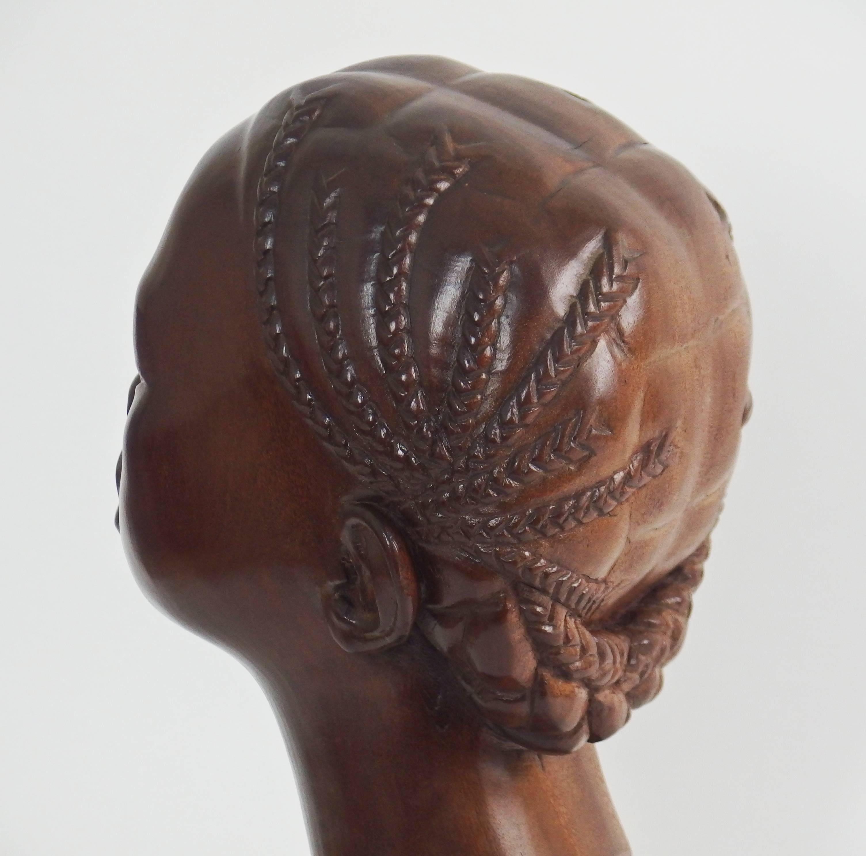 Mahogany Carved Wood Sculpture of a Woman Head by Rakotondrabé For Sale