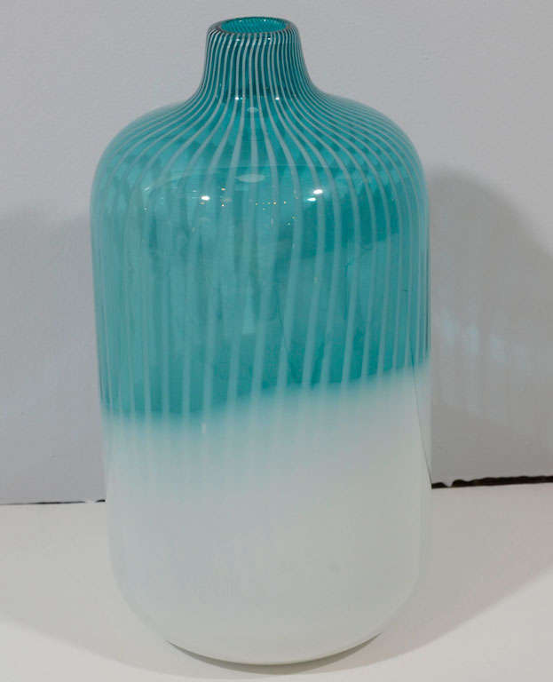 Outstanding blown glass vase in turquoise and white. Identical vase shown in William Diamond and Anthony Baratta's interior featured in Metropolitan Home's Design 100 book.
 