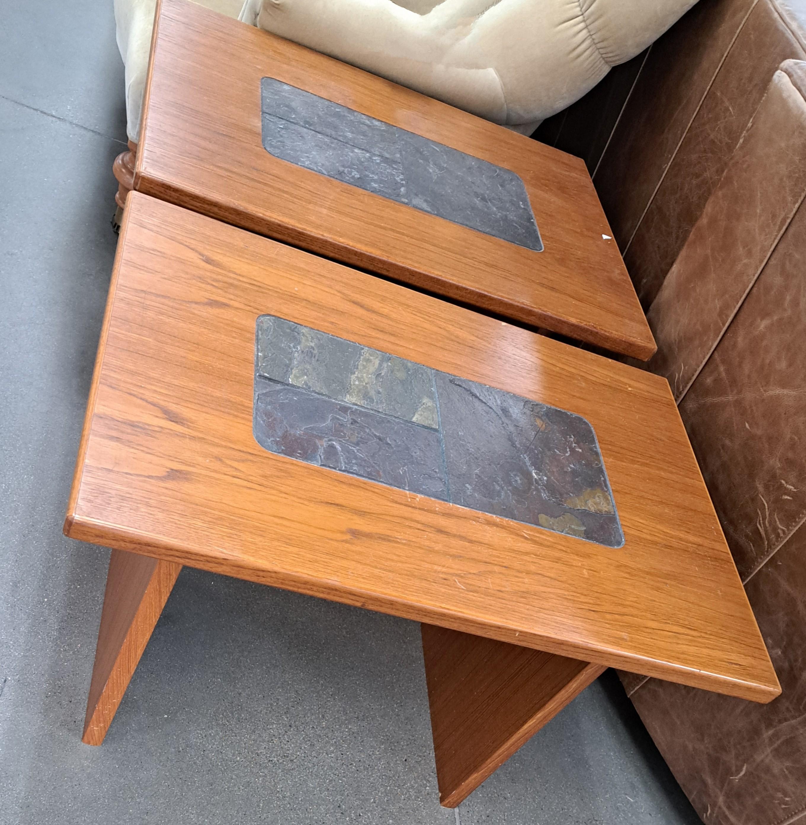 Stone Set of Two Danish Modern Teak Wood Slate tile Side Tables For Sale