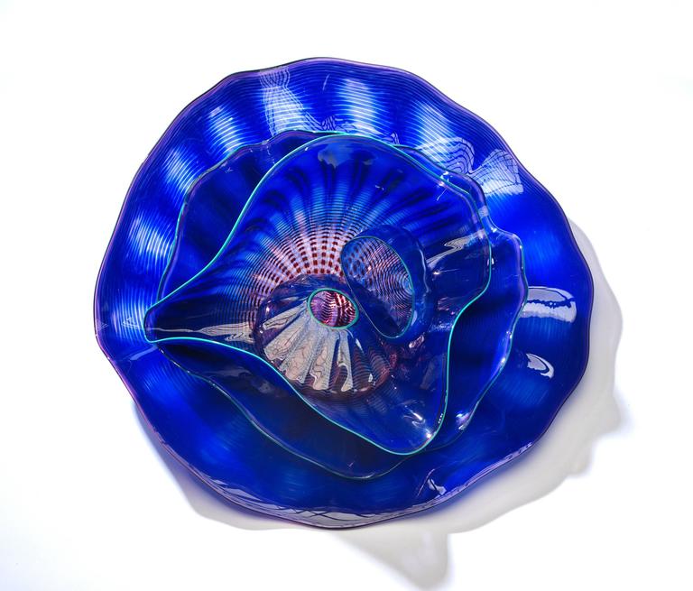 American 20th Century 5-Piece Cobalt Blue Sea Form Set with Turquoise Lip Wrap Glass Set