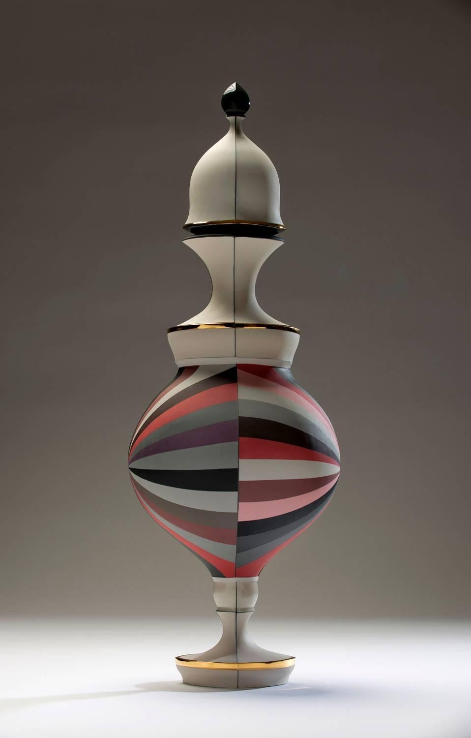 Optically mesmerizing and expertly crafted unique porcelain and gold luster vessel by artist Peter Pincus.

Measurements listed are per urn.

Born in Rochester, NY, Peter Pincus is a ceramic artist and instructor.  He joined the School for American