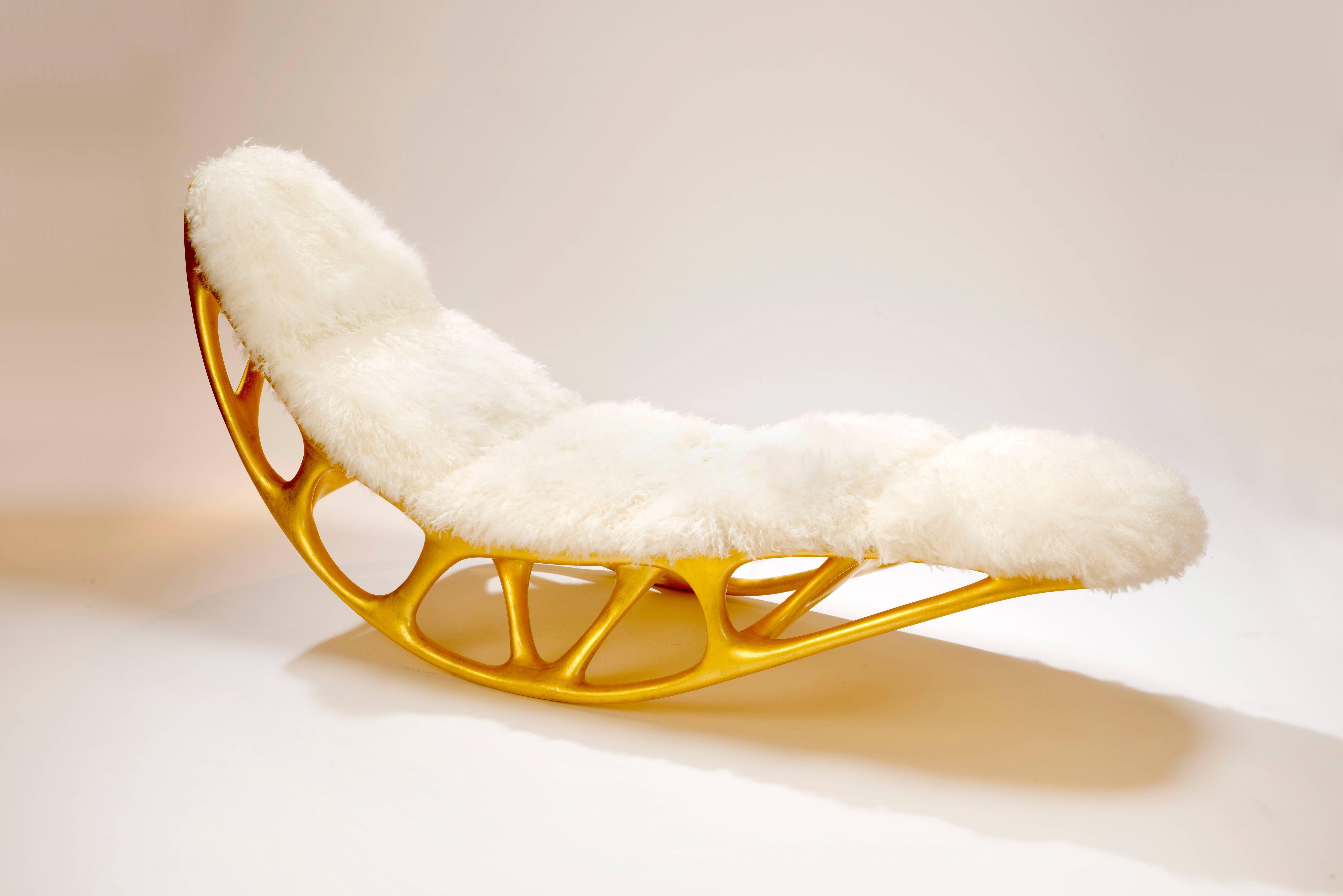 Timothy Schreiber fabricated Morphogenesis Chaise out of gilded fiberglass and Mongolian Lamb Skin.

Timothy Schreiber initially trained in cabinet making in Germany before studying architecture and design in Germany and England, and has worked with